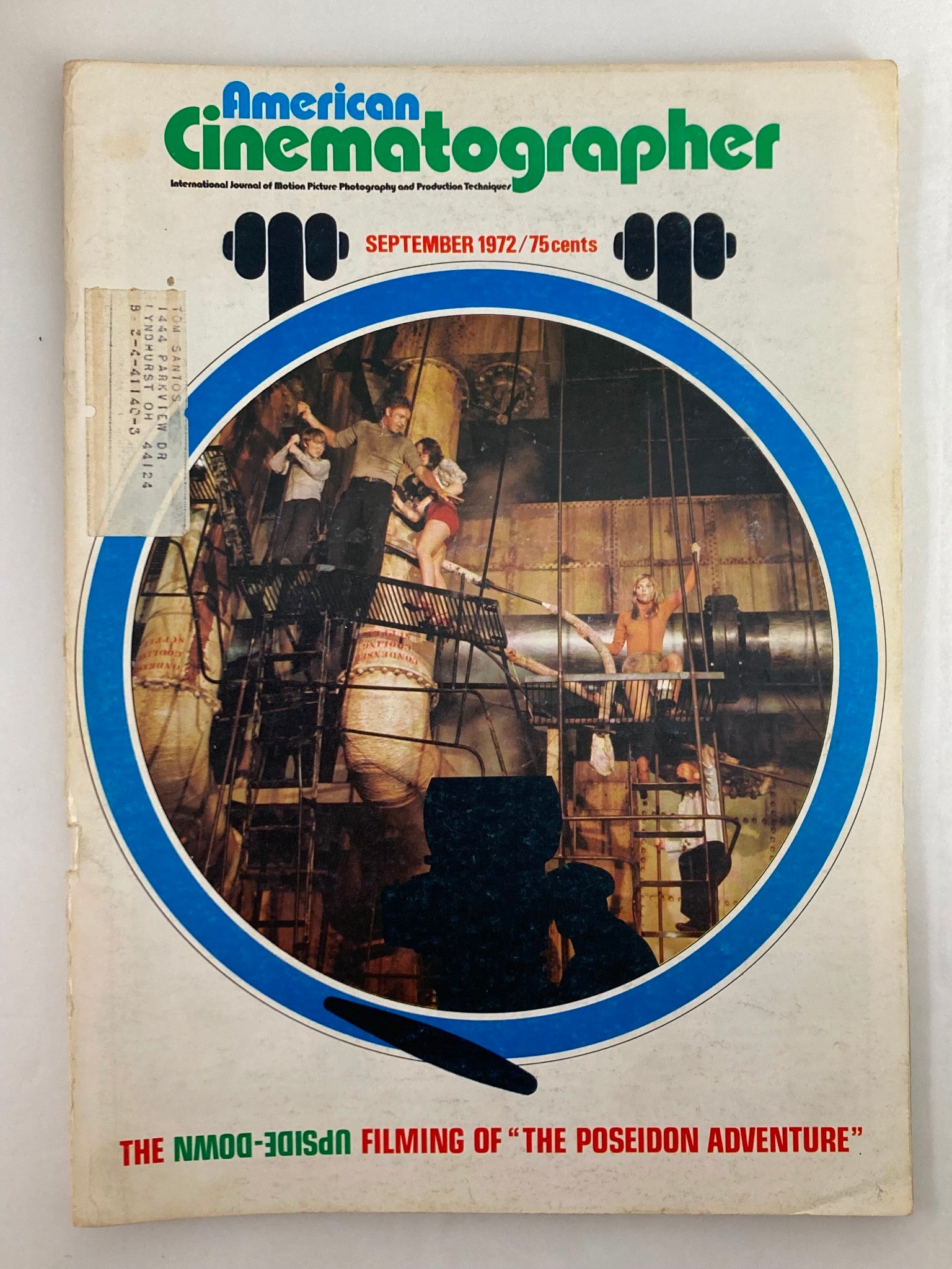 Cover of American Cinematographer Magazine September 1972 featuring a scene from 'The Poseidon Adventure' with images of actors and filmmaking equipment.
