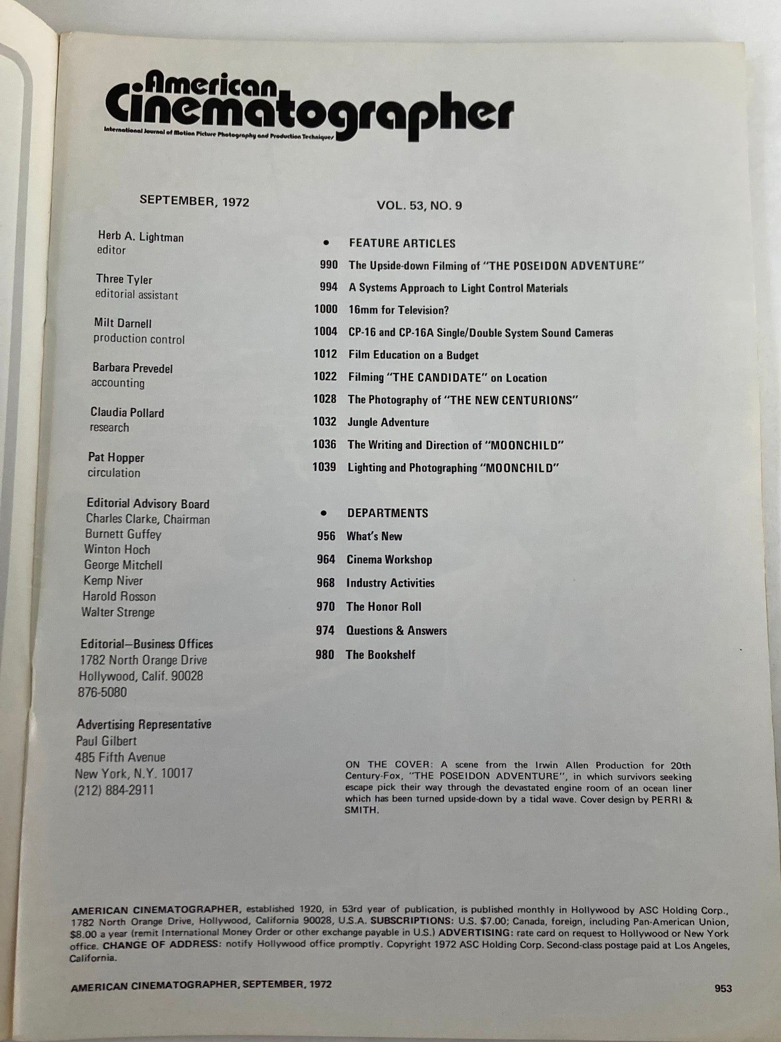 Interior page of American Cinematographer Magazine September 1972 with feature articles including 'The Upside-down Filming of 