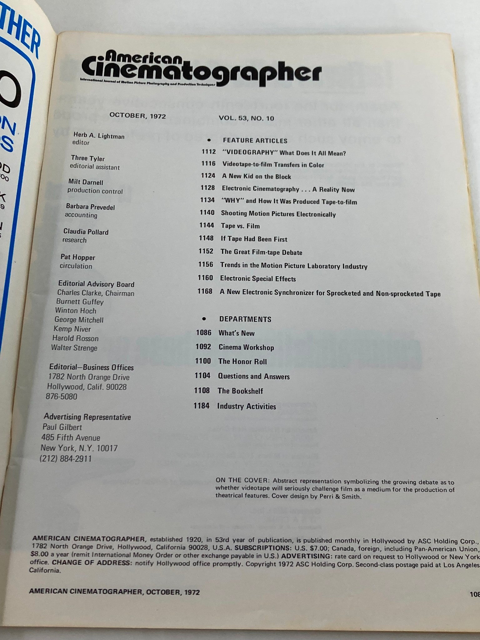 American Cinematographer Magazine October 1972 Videotape and Film Representation