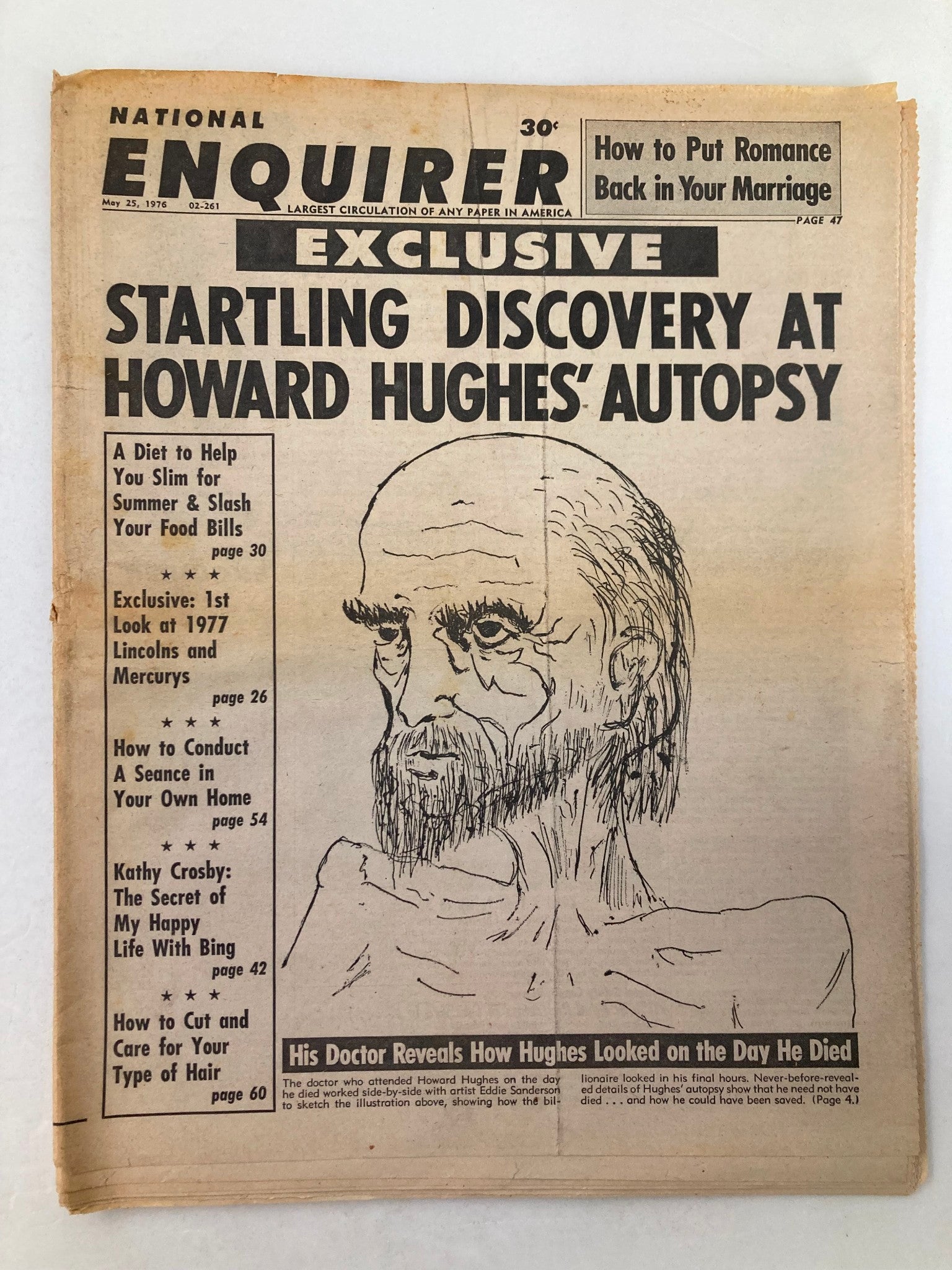 National Enquirer Tabloid May 25, 1976 featuring an exclusive headline about Howard Hughes' autopsy with an illustration of Hughes on the front page.