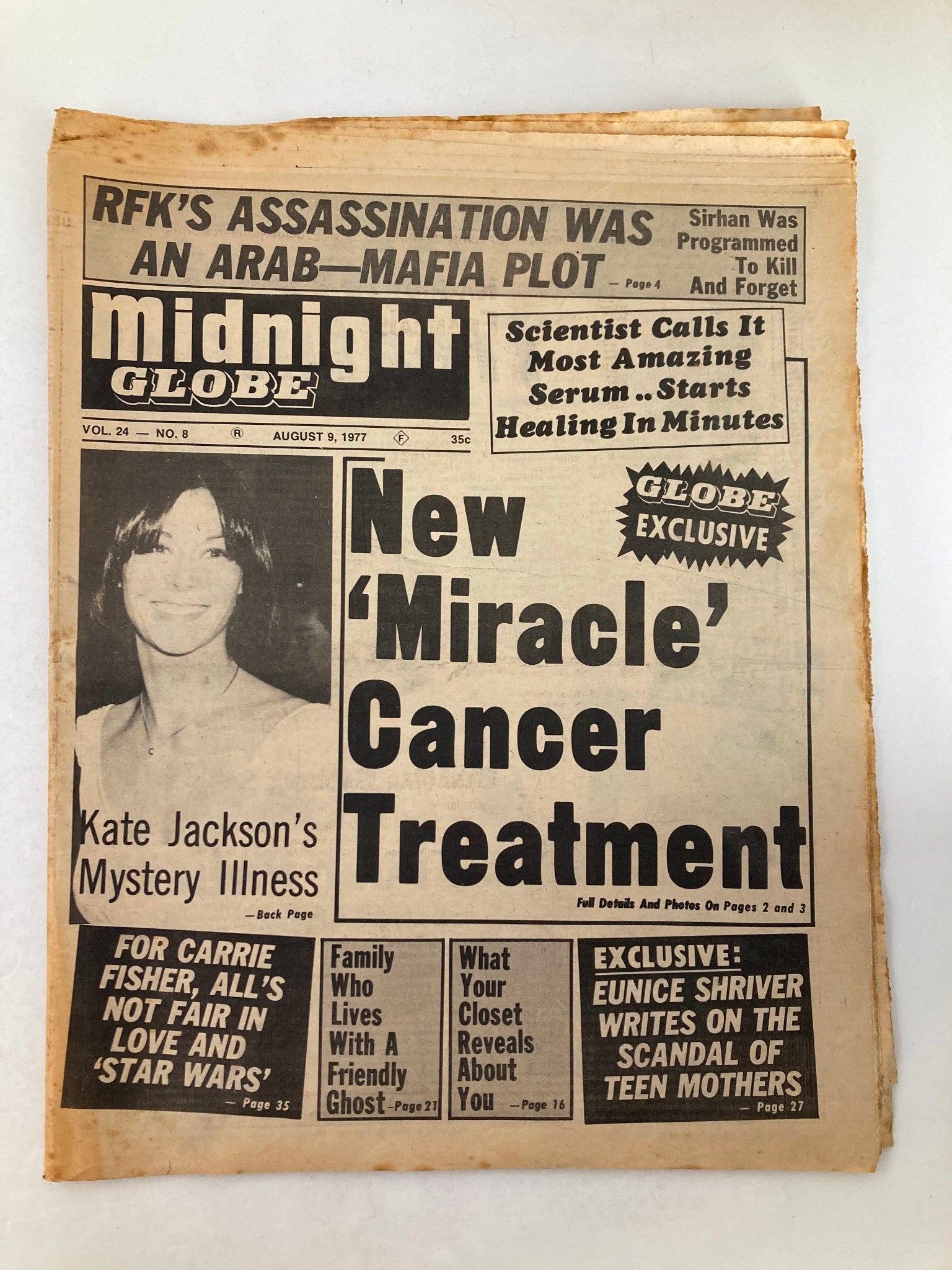 Midnight Globe Tabloid August 9 1977 Vol 24 #8 Kate Jackson's Mystery Illness