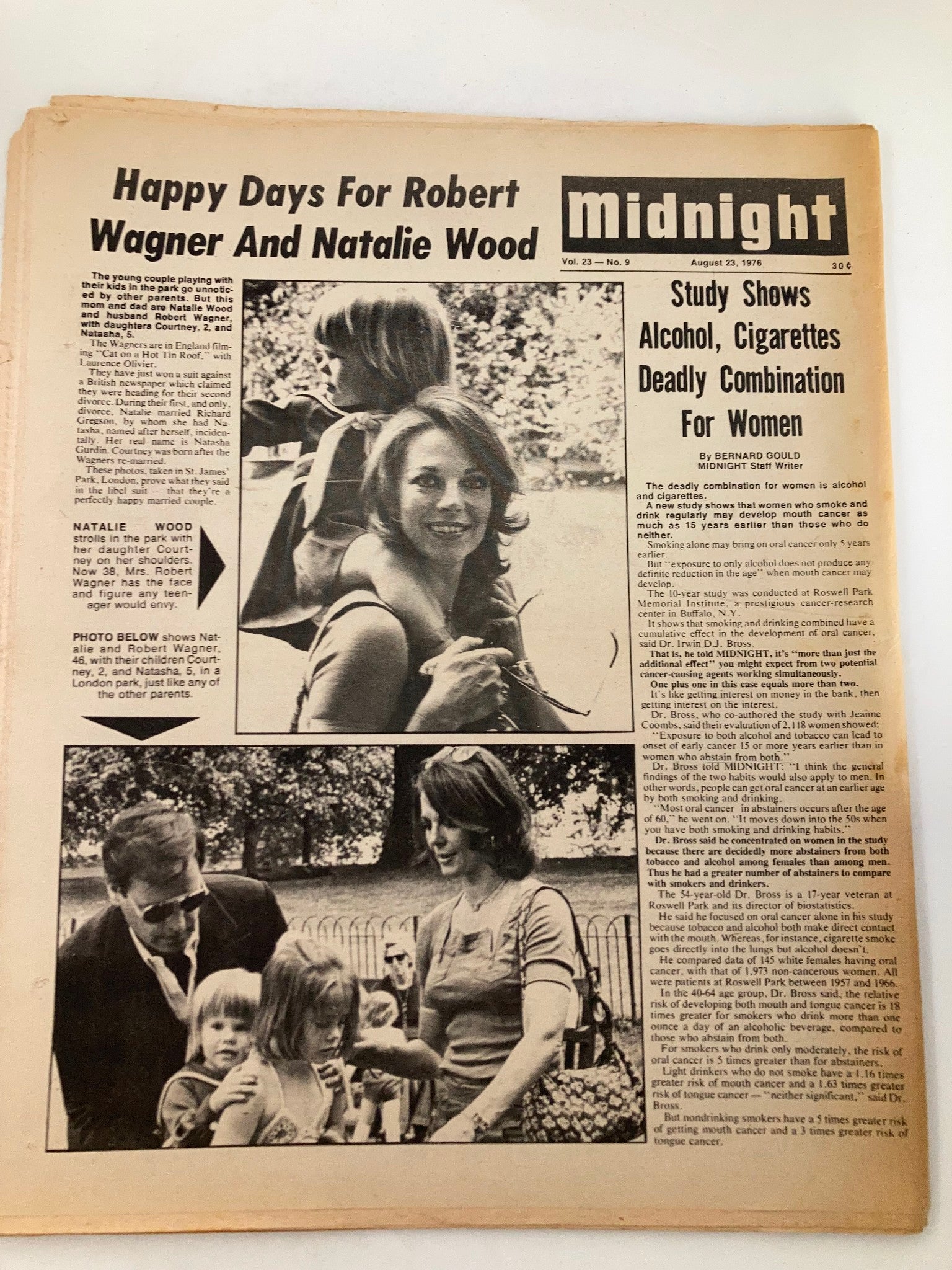 Cover of the vintage magazine 'Midnight Tabloid' from August 23, 1976, showcasing Robert Wagner and Natalie Wood, accompanied by an article discussing the effects of alcohol and cigarettes on women, reflecting the cultural themes of the era.