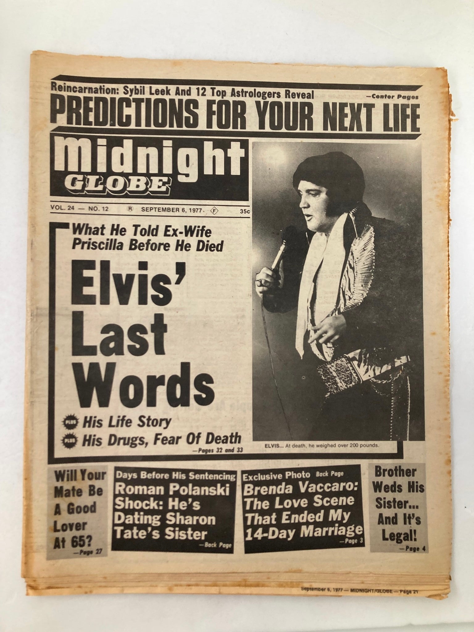 Midnight Globe Tabloid September 6 1977 Vol 24 #12 Elvis Presley's Last Words