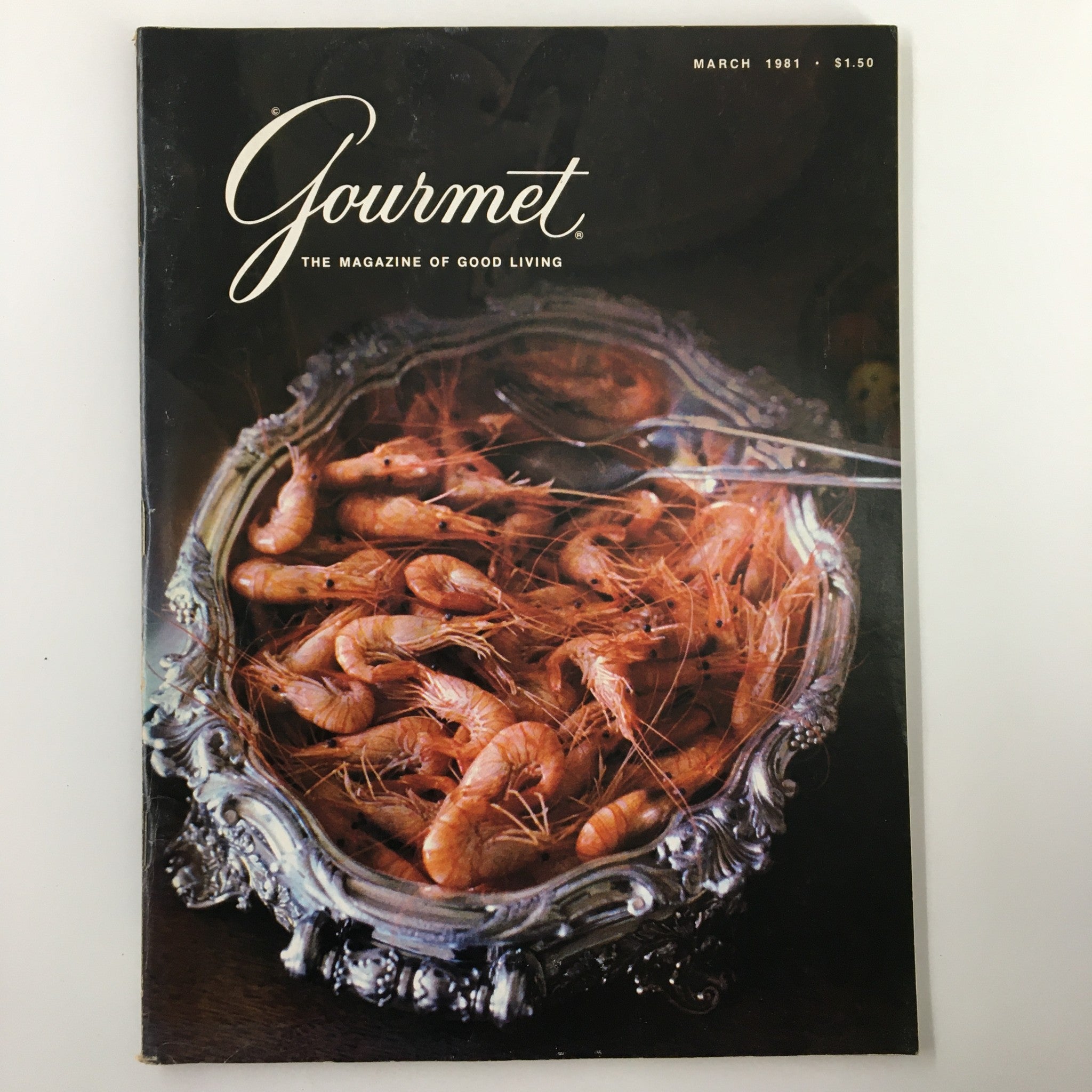 VTG Gourmet Magazine March 1981 A Bowl of Cooked Shrimps No Label