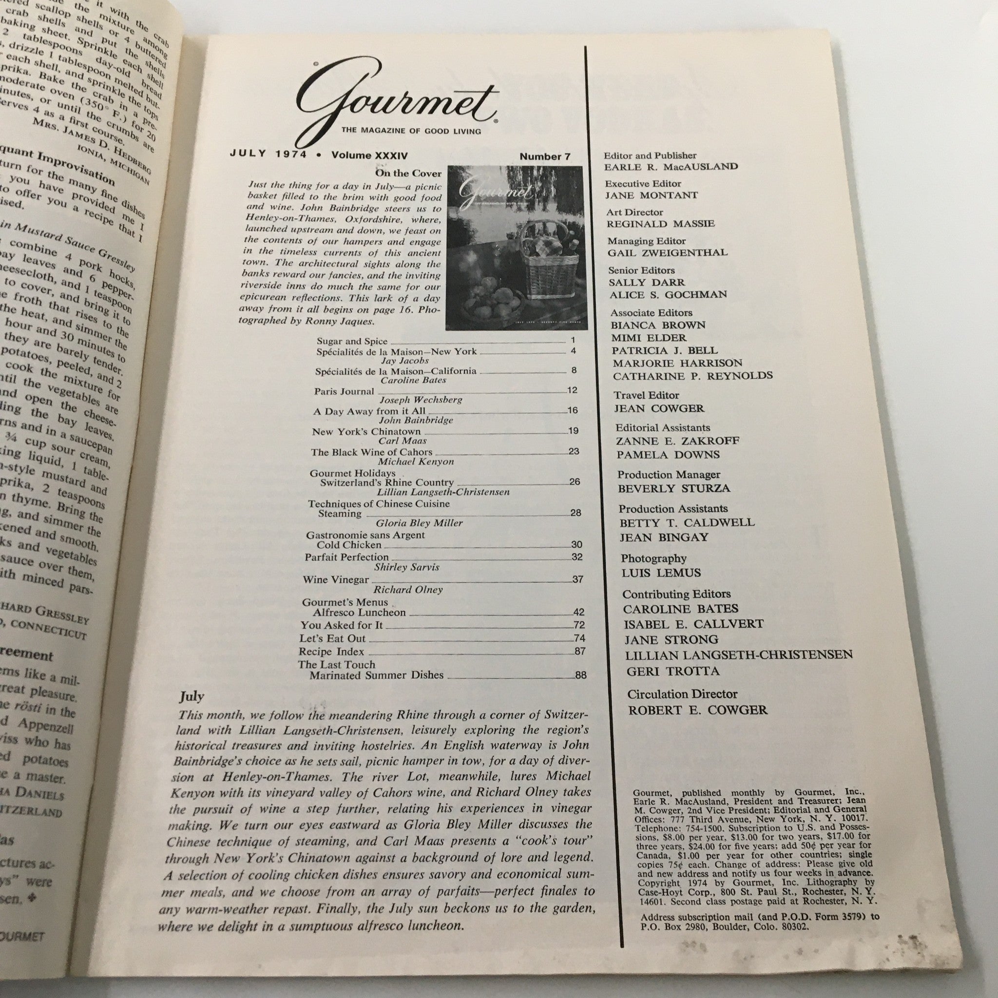 VTG Gourmet Magazine July 1974 A Picnic Basket Filled with Food & Wine No Label