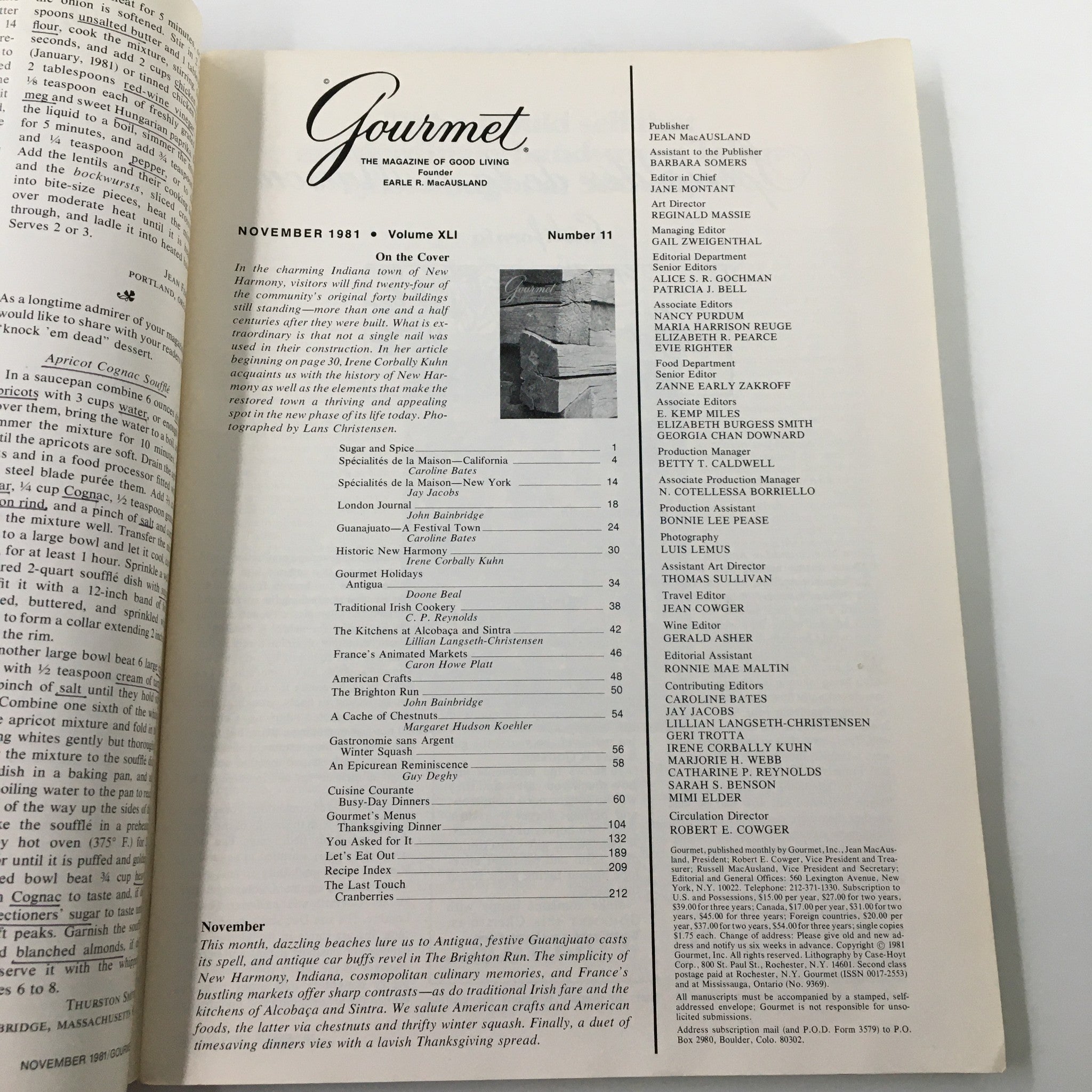 VTG Gourmet Magazine November 1981 The Charming Town in Indiana Town No Label