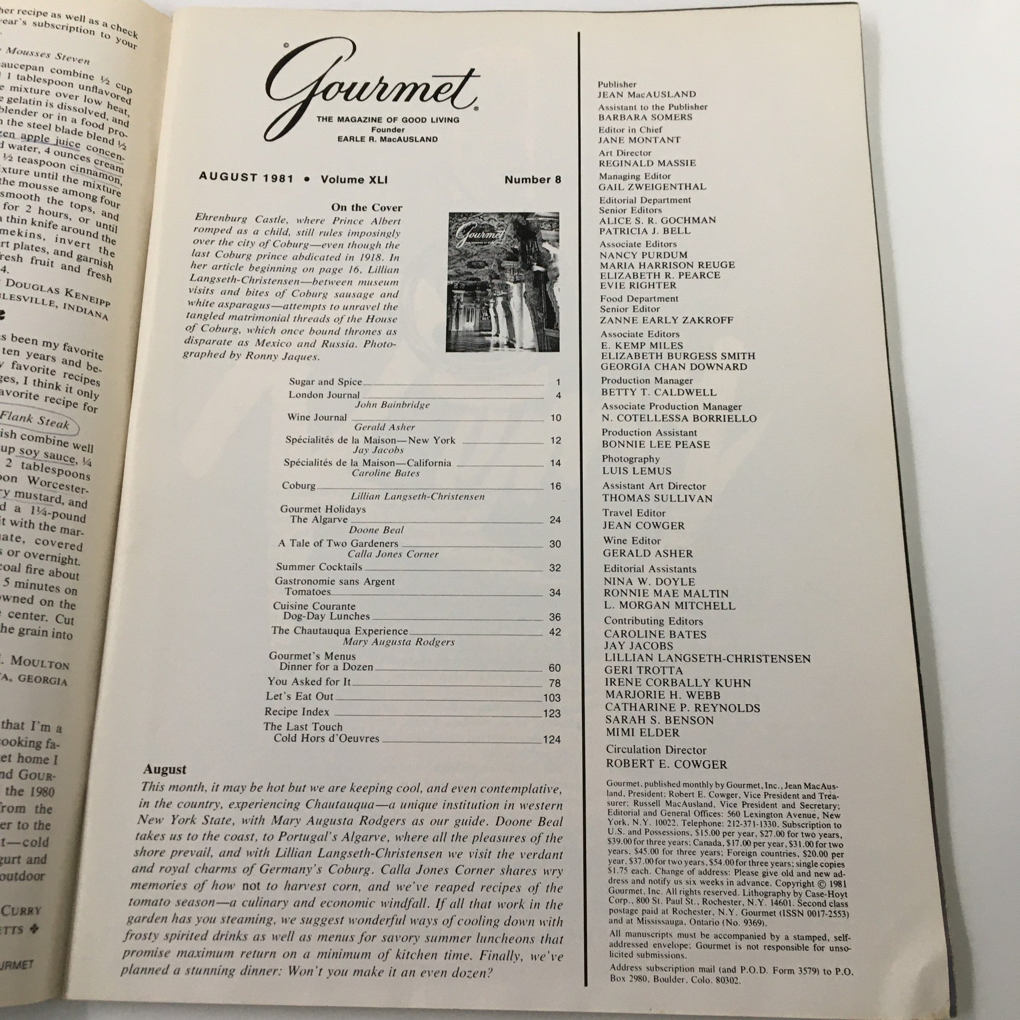 VTG Gourmet Magazine August 1981 Prince Albert's Ehrenburg Castle No Label