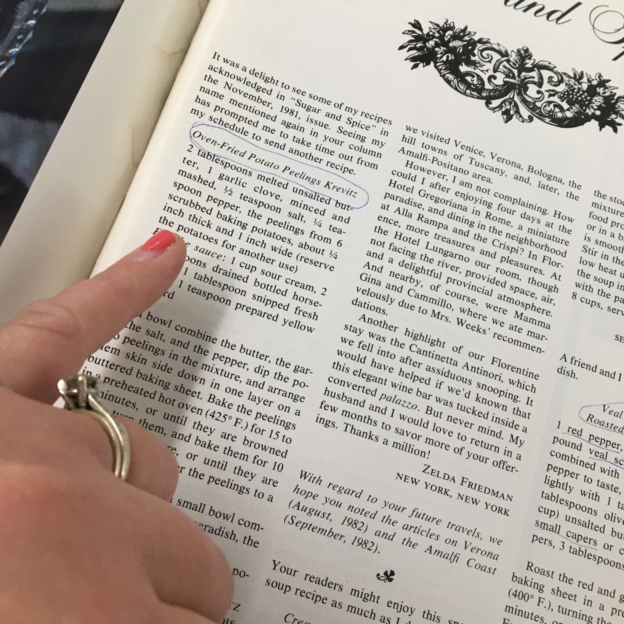 Detailed view of an article from the October 1982 issue of Gourmet Magazine, featuring the recipe for Oven-Fried Potato Peelings Krewitz, highlighting cooking techniques and ingredients.