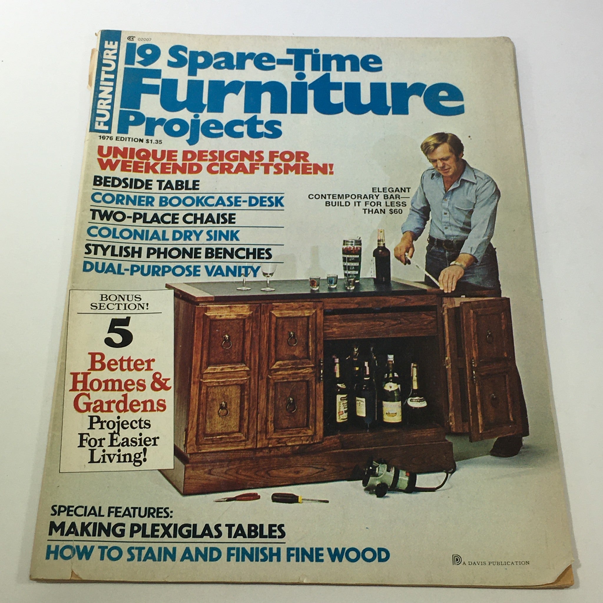 Cover of the Vintage Furniture Projects Magazine: 1976 Edition featuring a man crafting a Plexiglas table, highlighting various DIY furniture projects.
