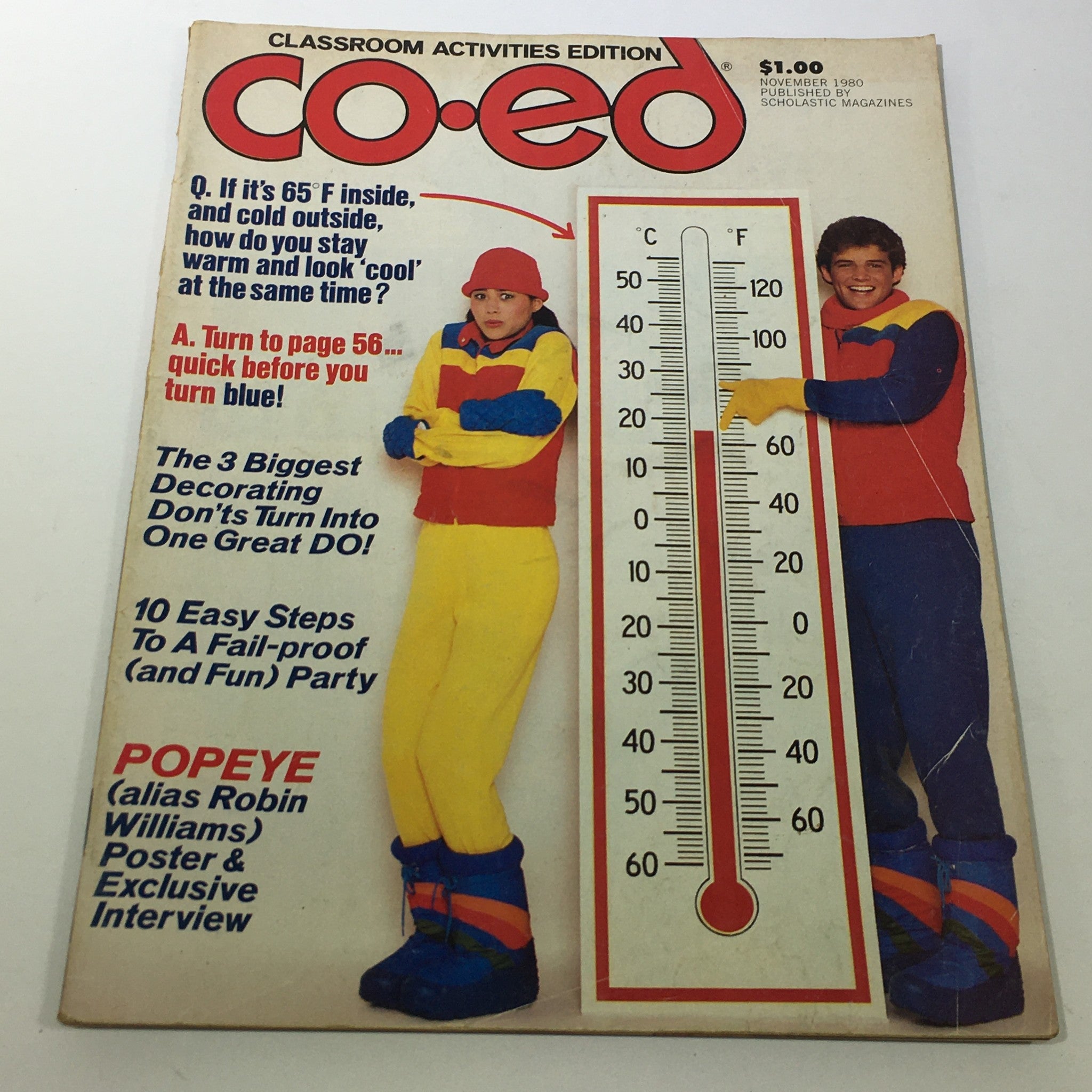 Cover of VTG Co-Ed Magazine: November 1980 featuring a thermometer graphic and two individuals in colorful winter attire, promoting a Popeye alias Robin Williams poster exclusive.
