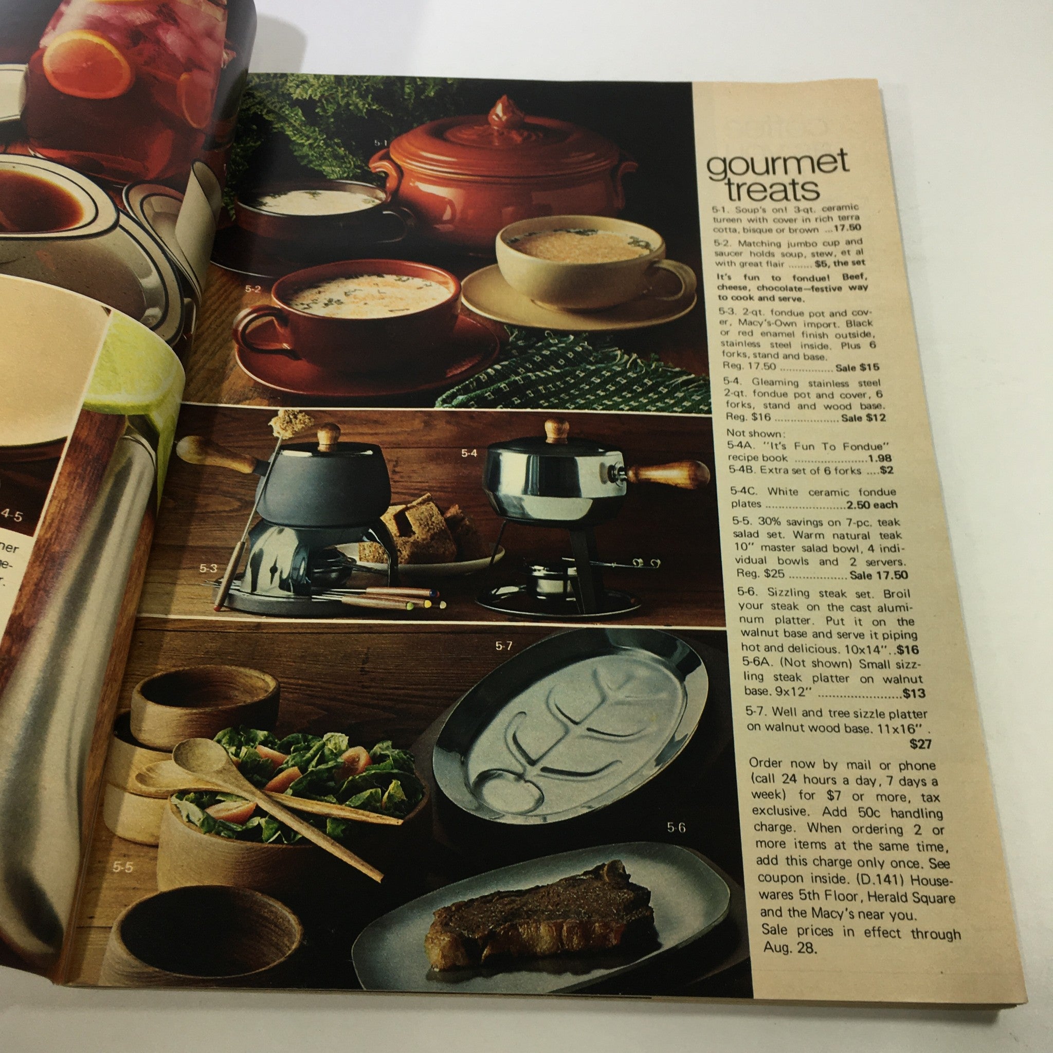 Interior page from VTG Macy's Magazine: August 1980 showcasing gourmet kitchen products including coffee cups, a fondue set, and serving dishes.