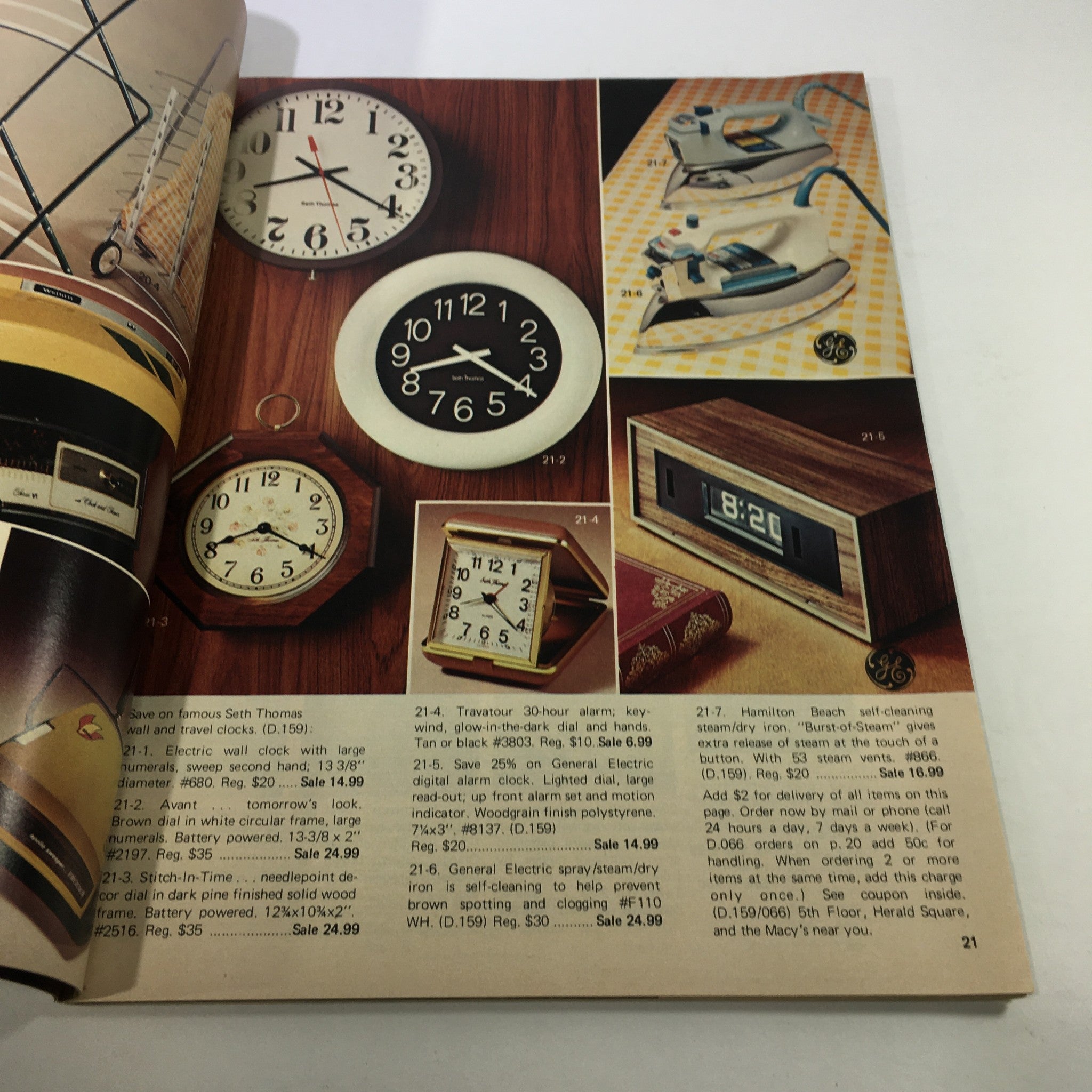 Interior page from VTG Macy's Magazine: August 1980 displaying various clocks and irons, highlighting home electronics of the era.
