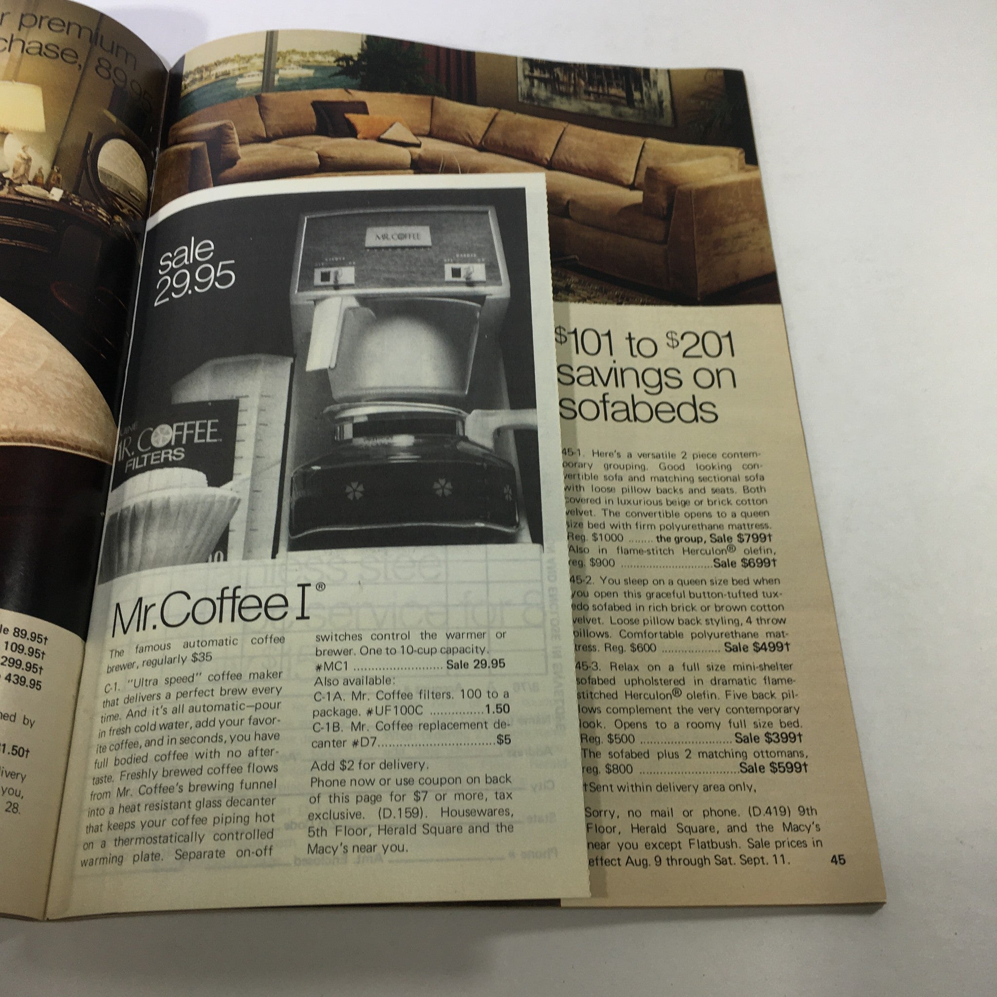 Interior page from VTG Macy's Magazine: August 1980 featuring the Mr. Coffee coffee maker alongside promotional offers for couches.
