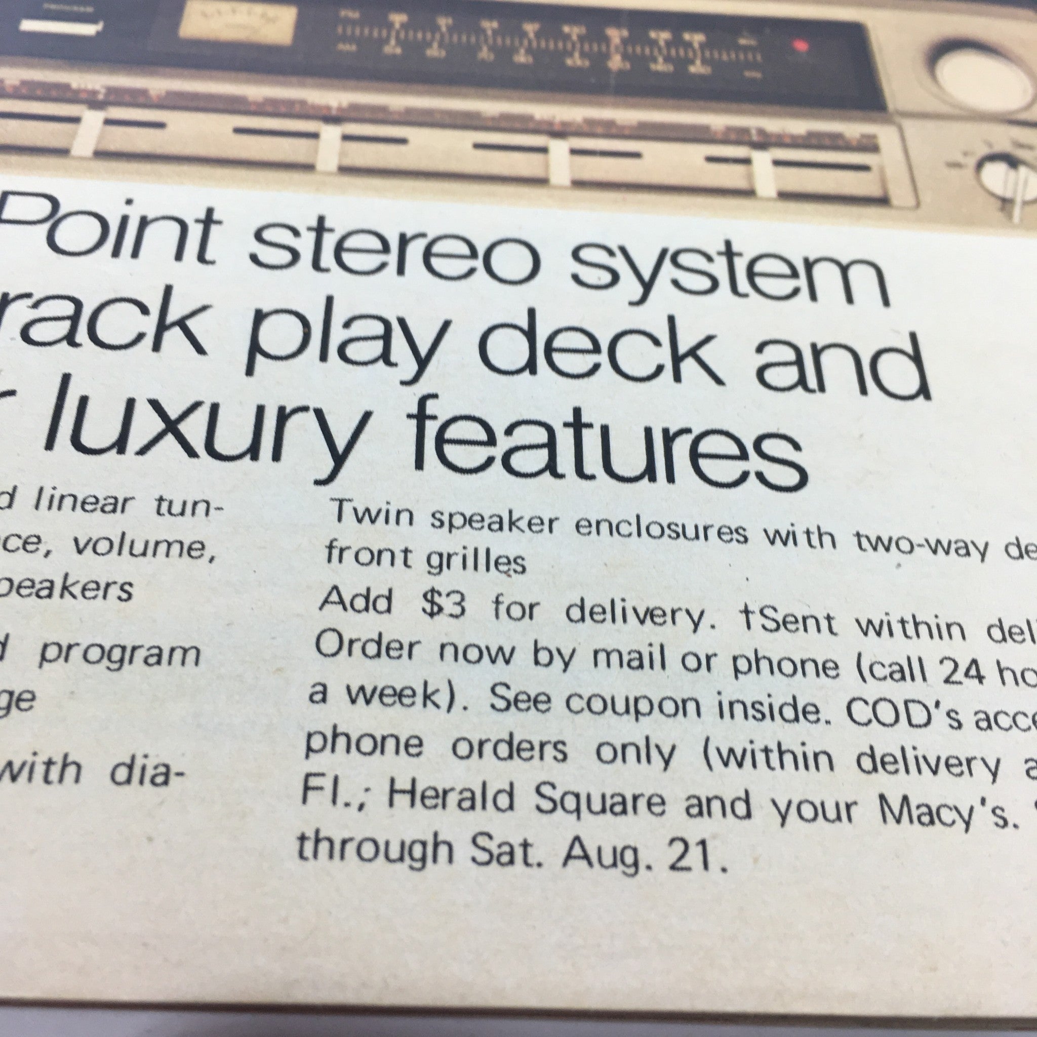 Interior page of the VTG Macy's Magazine from August 1980 featuring a promotional advertisement for a stereo system, highlighting features and options available for consumers.