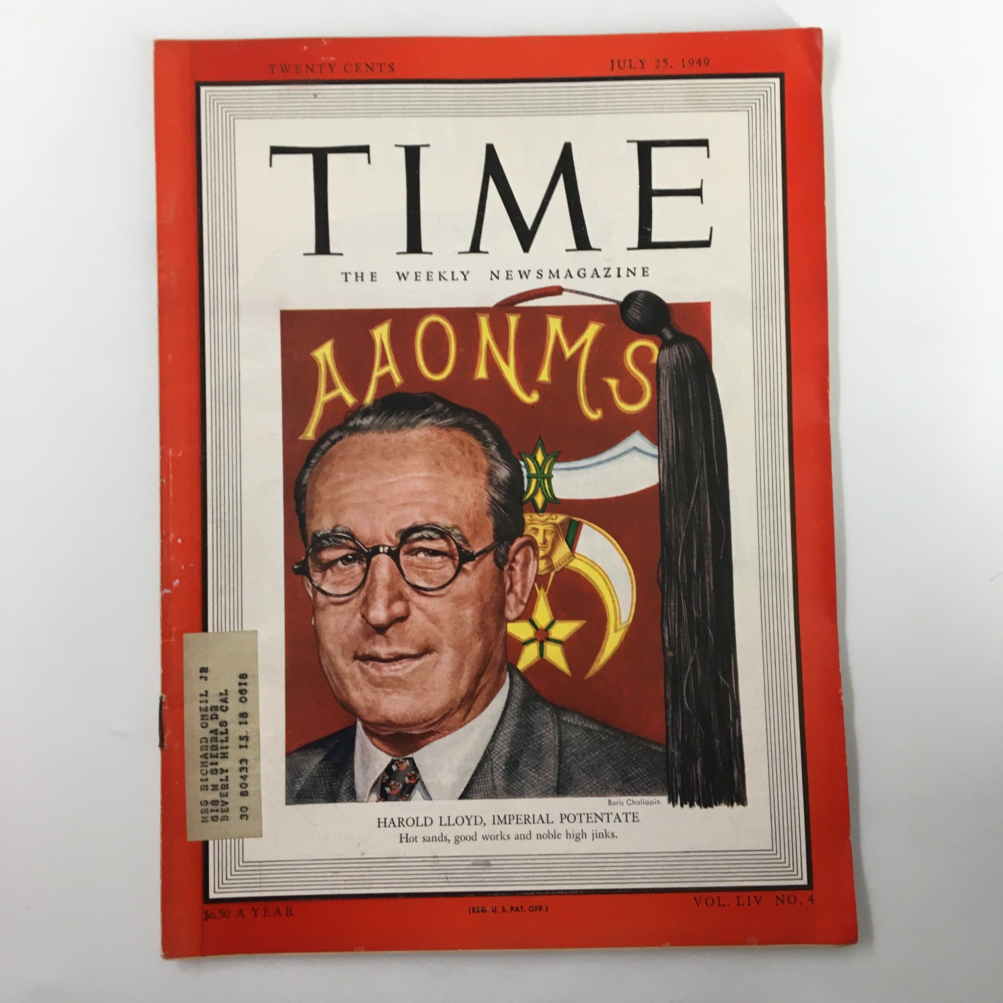 VTG Time Magazine July 25 1949 Vol. 54 No. 4 Harold Lloyd, Imperial Potentate