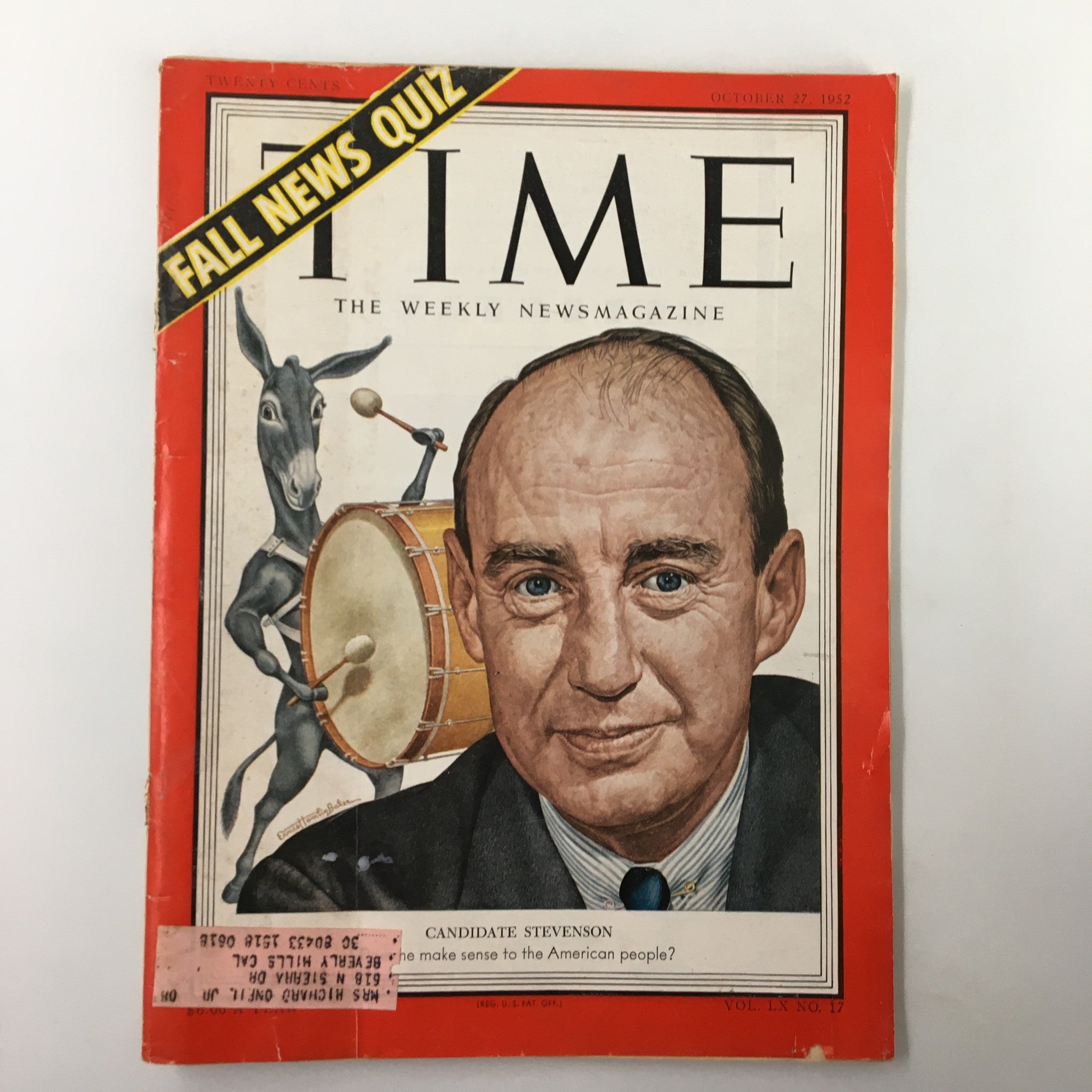 VTG Time Magazine October 27 1952 Vol. 60 No. 17 Candidate Adlai Stevenson II