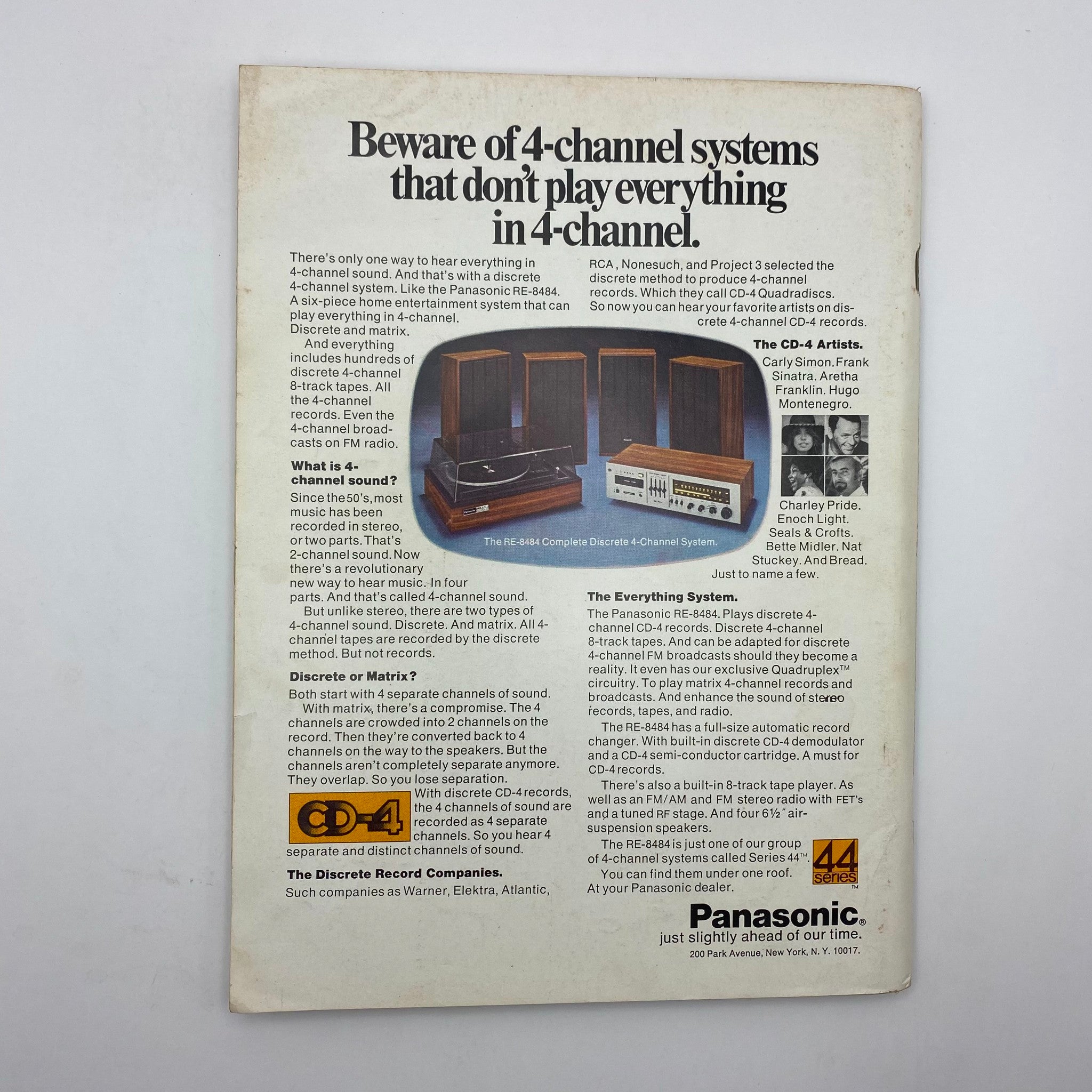 Back cover of Playboy Magazine April 1974 featuring advertisement for 4-channel audio systems and Panasonic RE-848.