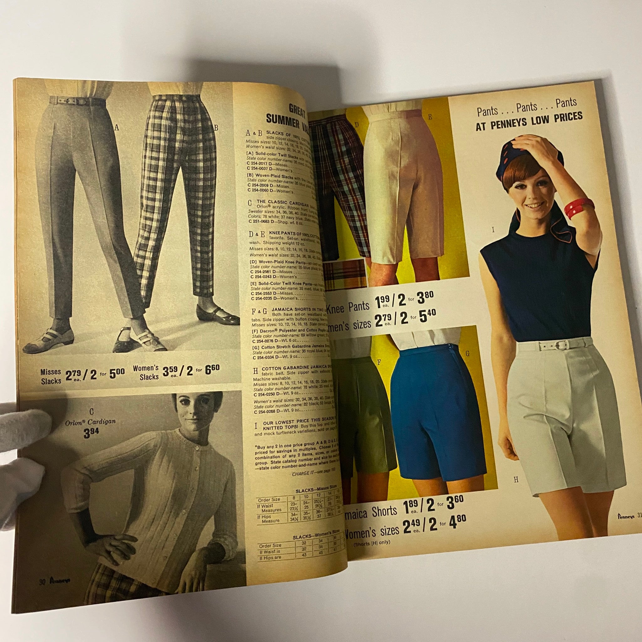 1967 JC Penneys Summer Store Catalog VG displaying various summer pants and shorts for men and women, illustrating vintage fashion choices and prices.