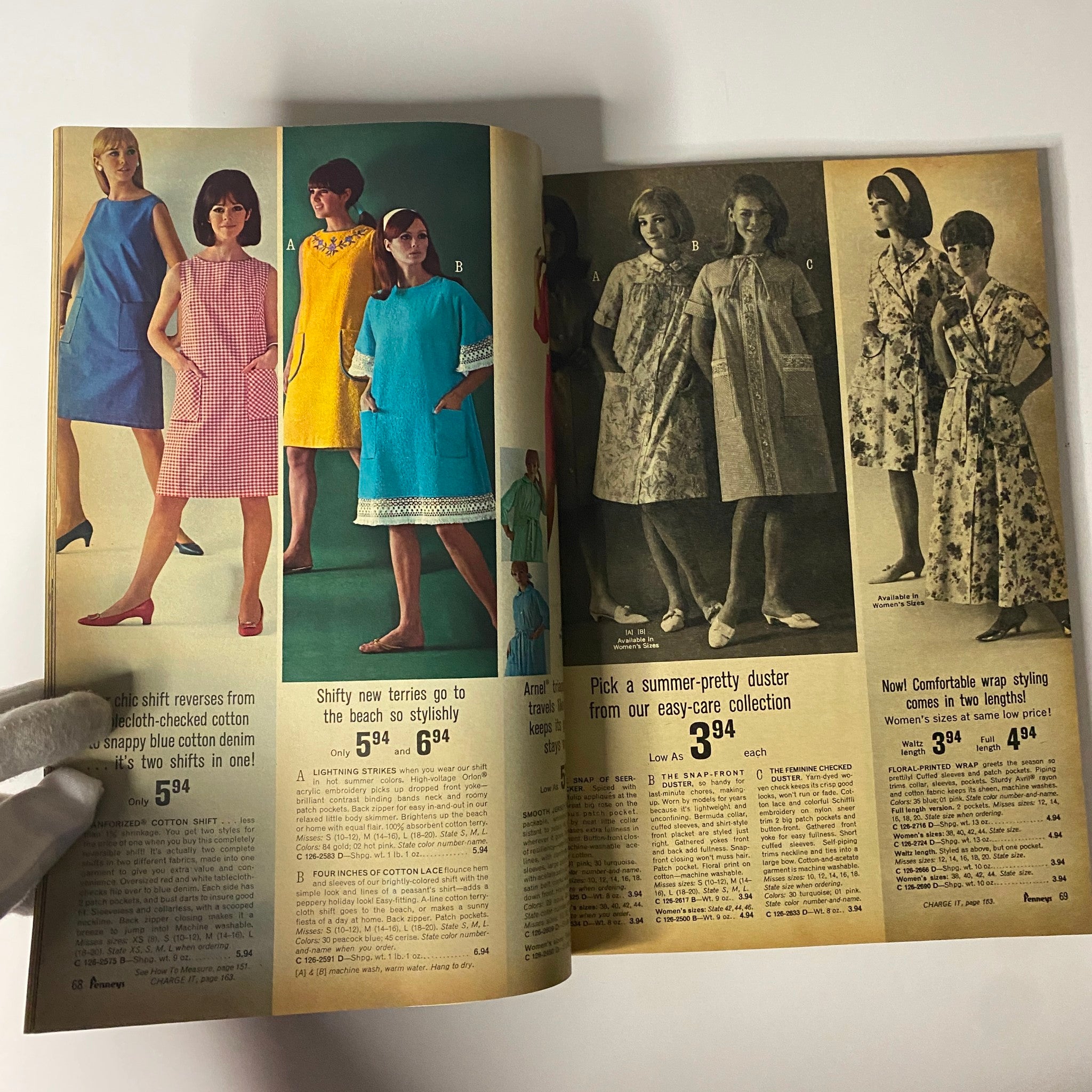 1967 JC Penneys Summer Store Catalog VG presenting casual summer dresses and shifts in bold patterns and colors, perfect for beach outings and day events.