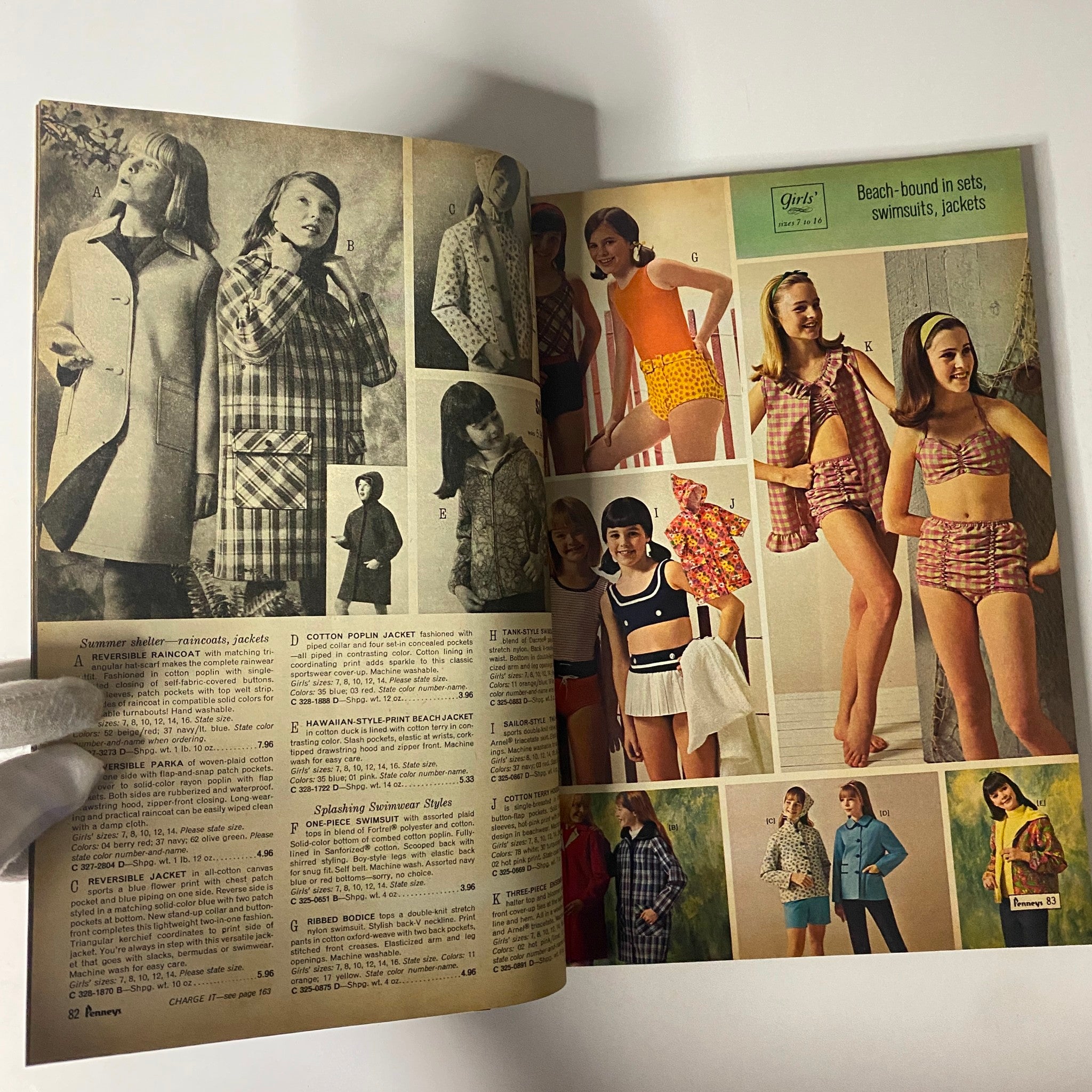 1967 JC Penneys Summer Store Catalog VG capturing a range of girls' swimwear and beachwear, showcasing retro styles and accessories designed for summer fun.