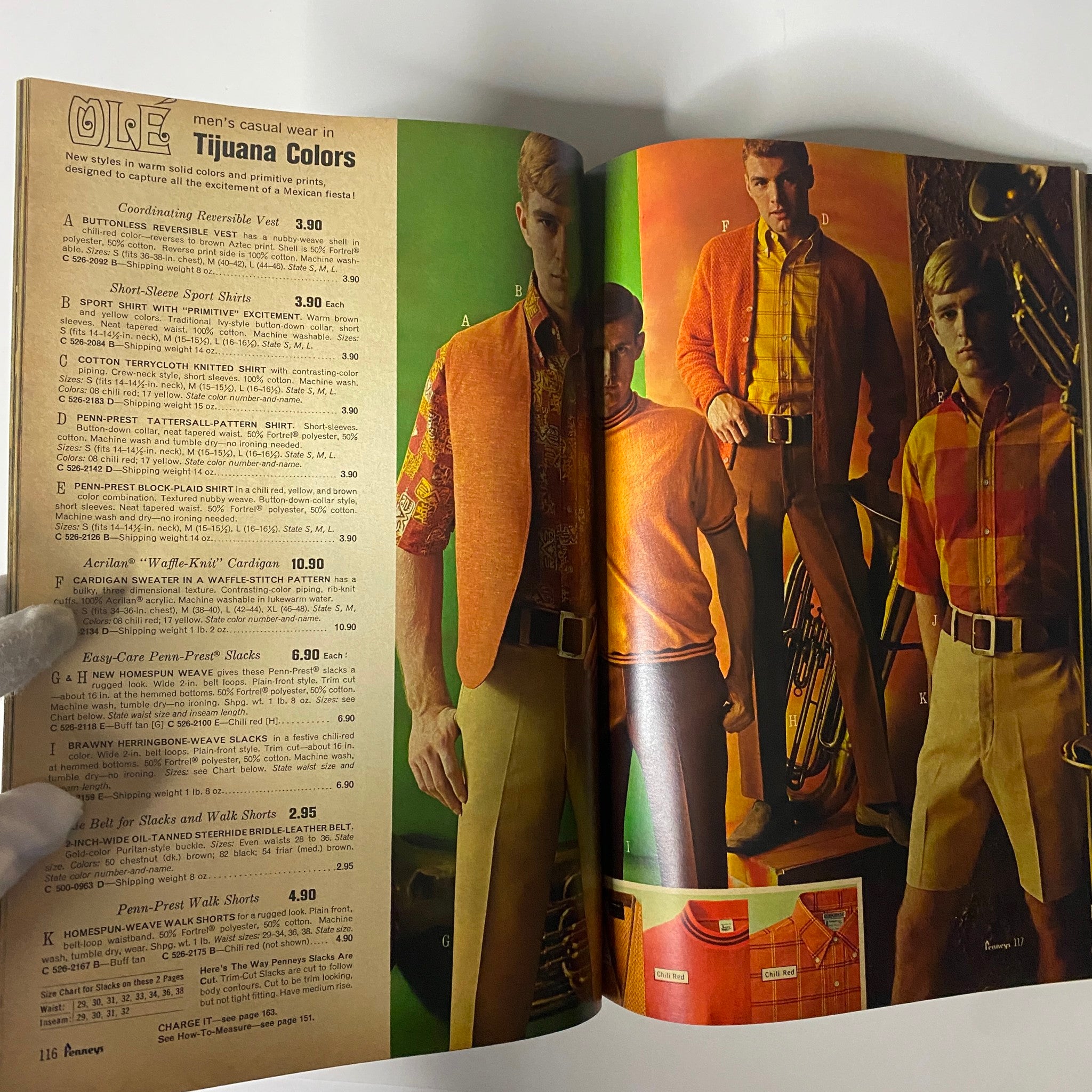 1967 JC Penneys Summer Store Catalog showcasing men's casual wear in vibrant Tijuana colors, featuring styles like reversible vests, shorts, and shirts from the 1960s.