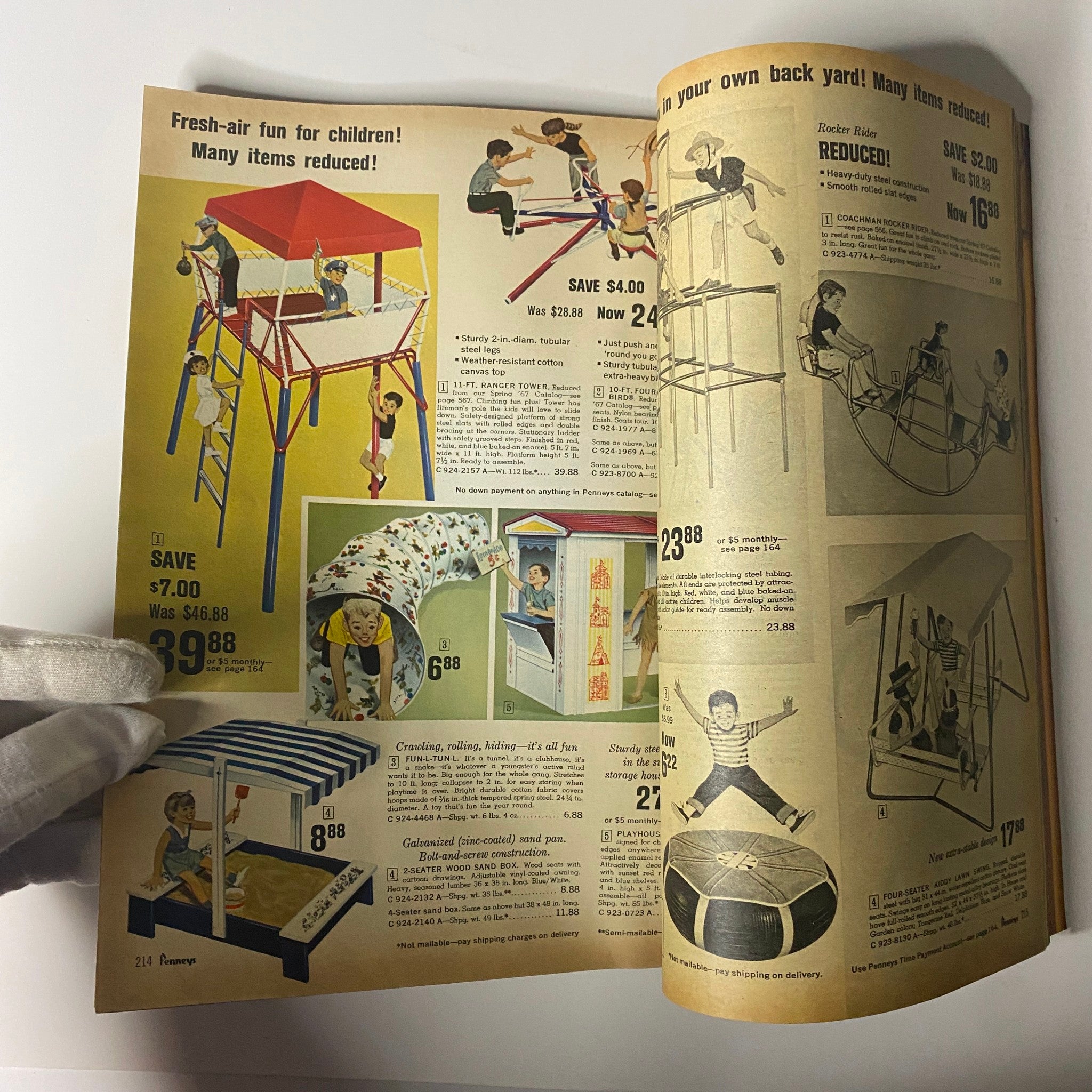 1967 JC Penneys Summer Store Catalog highlighting outdoor play equipment for children, including climbing structures and fun outdoor activities, showcasing summer enjoyment.