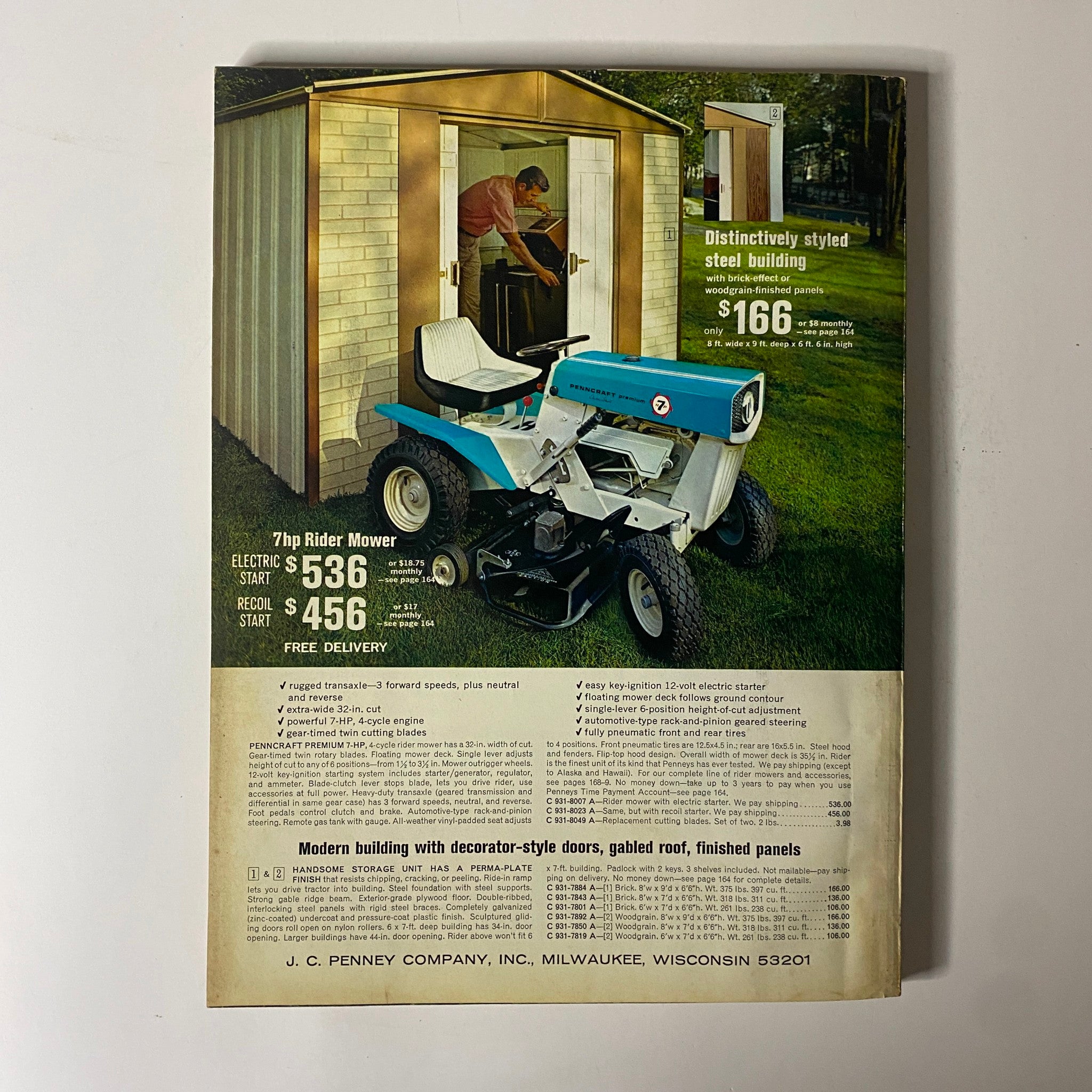 1967 JC Penneys Summer Store Catalog page displaying a 7hp Rider Mower with electric start and a steel storage building advertisement, highlighting features and prices.