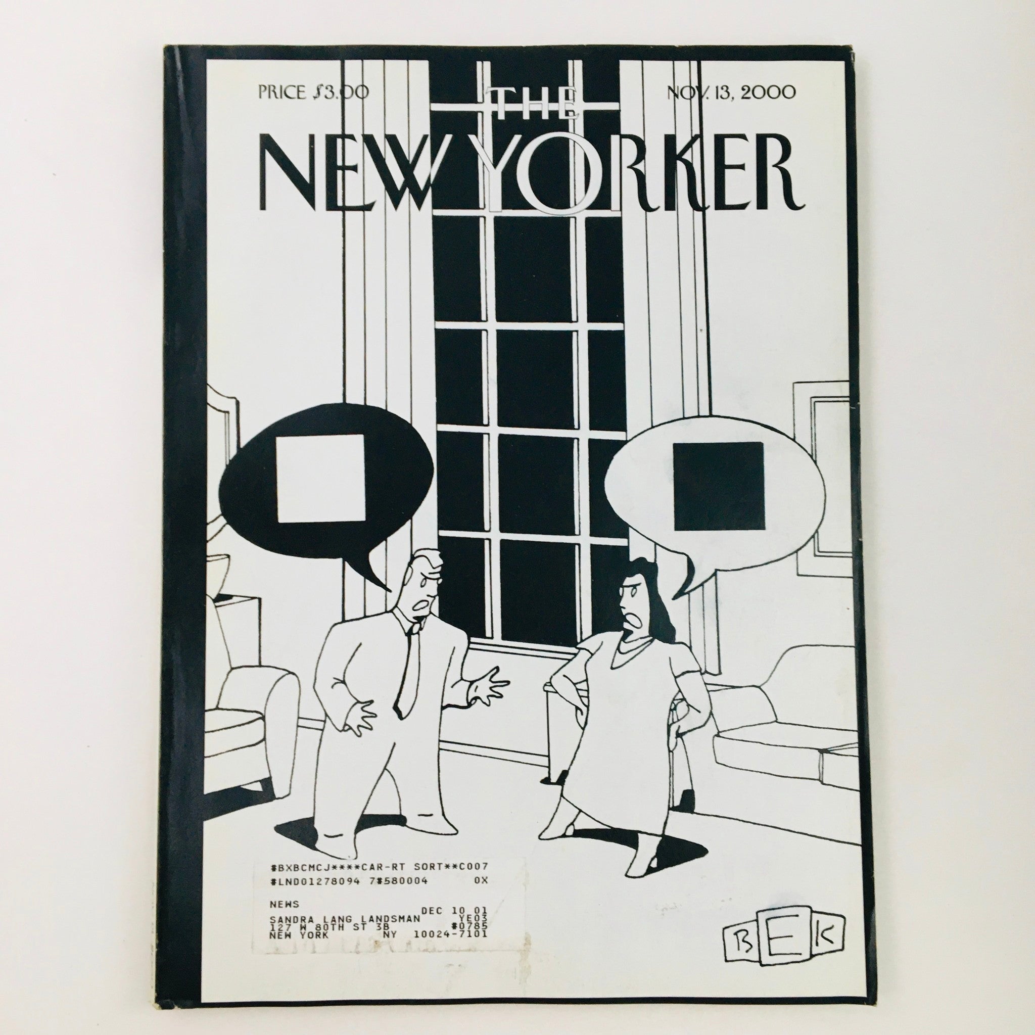 The New Yorker November 13 2000 Full Magazine cover featuring a cartoon illustration by Bruce Eric Kaplan, showcasing two characters in a conversation with speech bubbles.