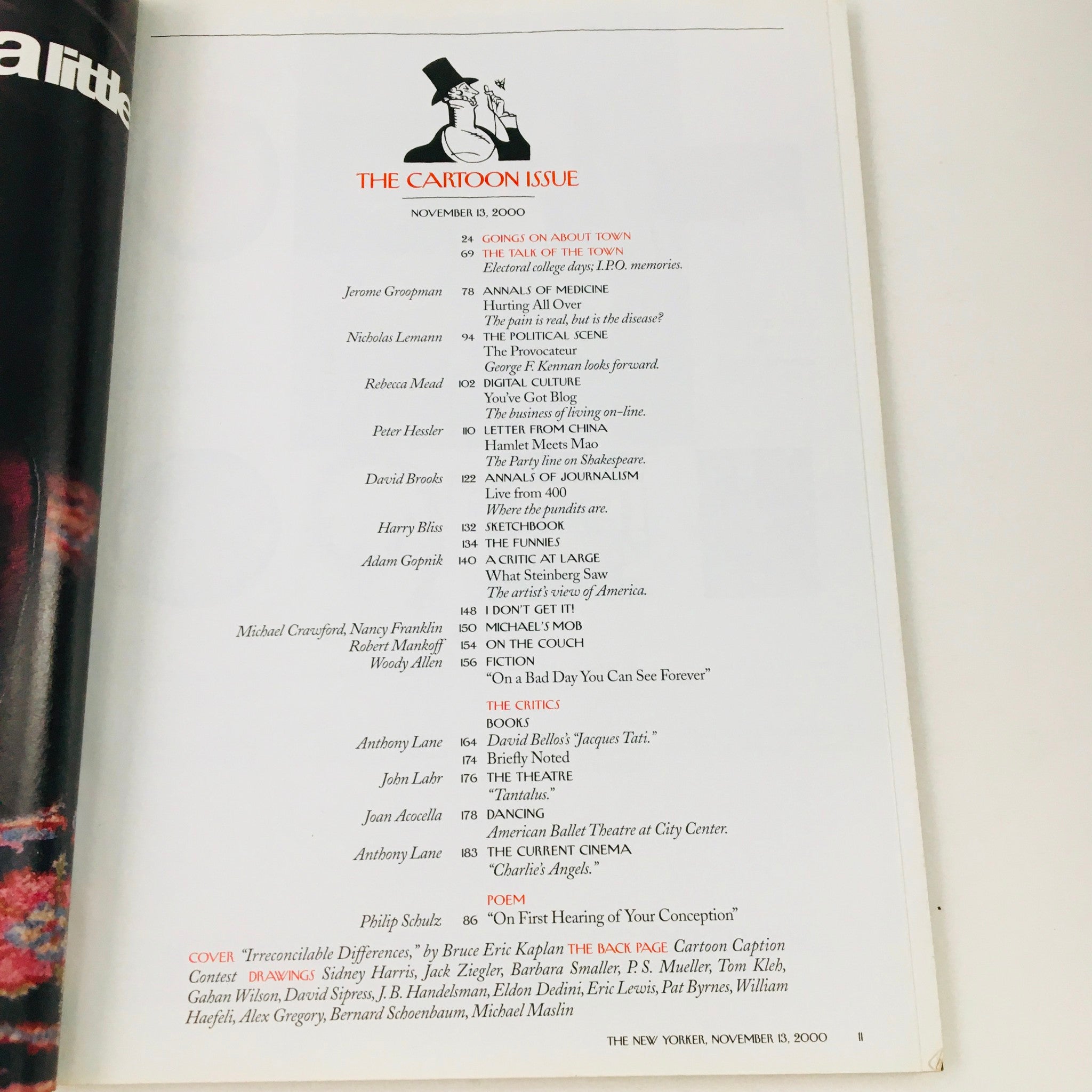 The New Yorker November 13 2000 magazine contents page, highlighting articles and contributors in 'The Cartoon Issue' with notable names and topics listed.