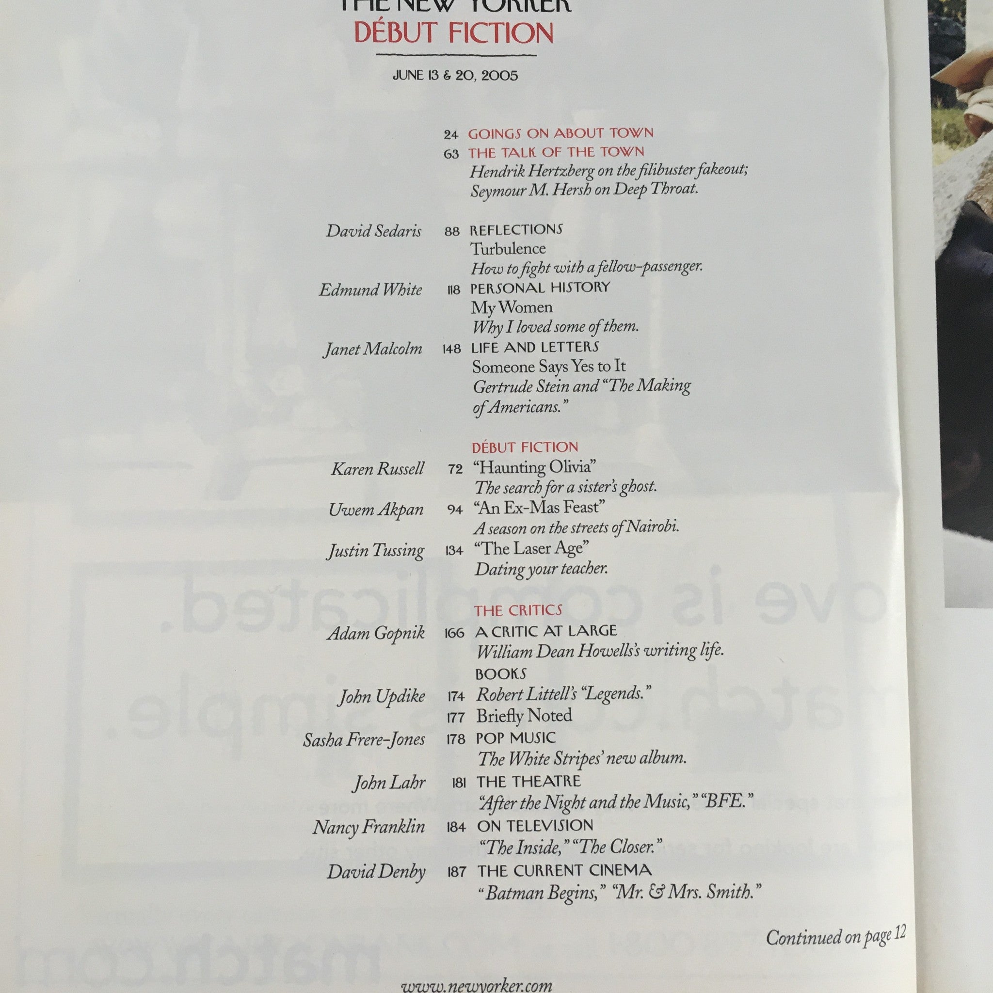 Interior page of The New Yorker June 13 2005, showcasing the table of contents with article titles and authors, highlighting its literary offerings.