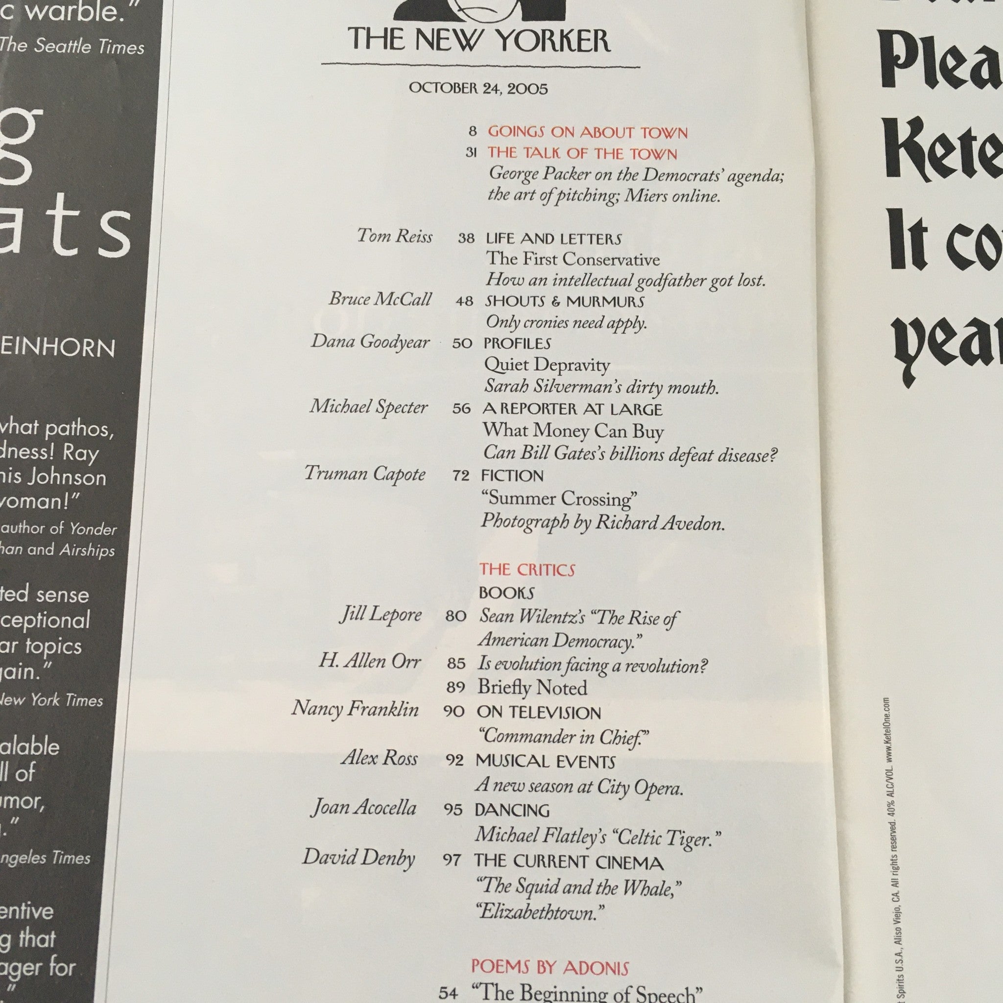 Table of contents for The New Yorker October 24 2005, listing featured articles and contributors for this collectible edition.