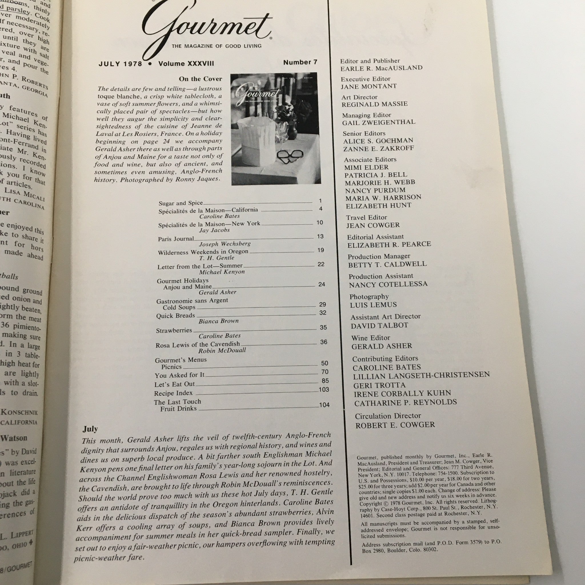 VTG Gourmet Magazine July 1978 A Lustrous Toque Blanche No Label