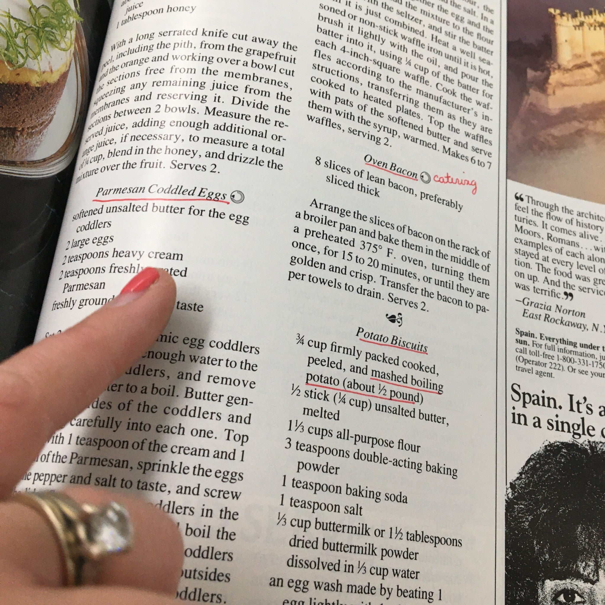 A close-up of a recipe page from the March 1985 Gourmet Magazine, highlighting instructions for Parmesan Coddled Eggs and Potato Biscuits.