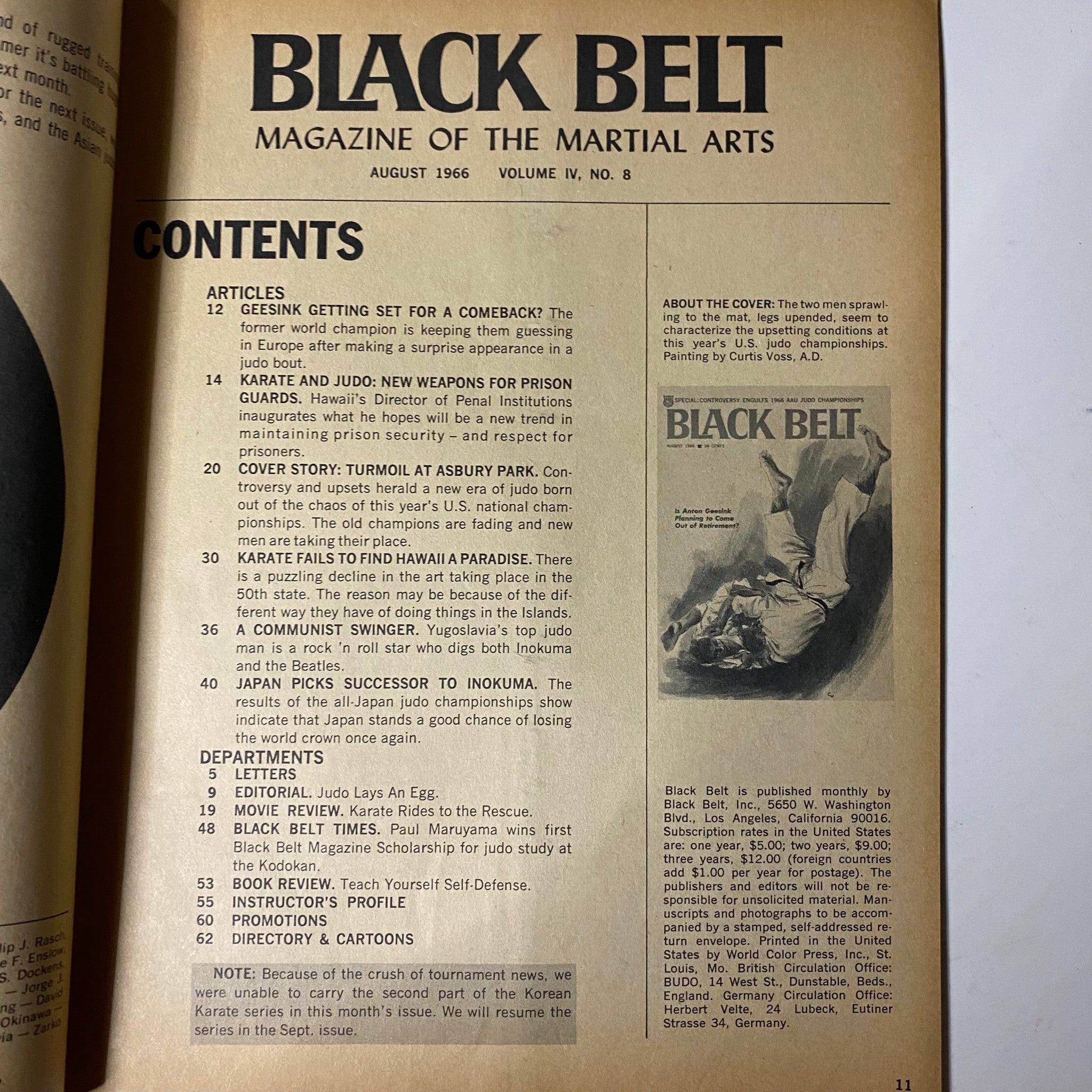 VTG Black Belt Magazine August 1966 Anton Geesink No Label GD Interior