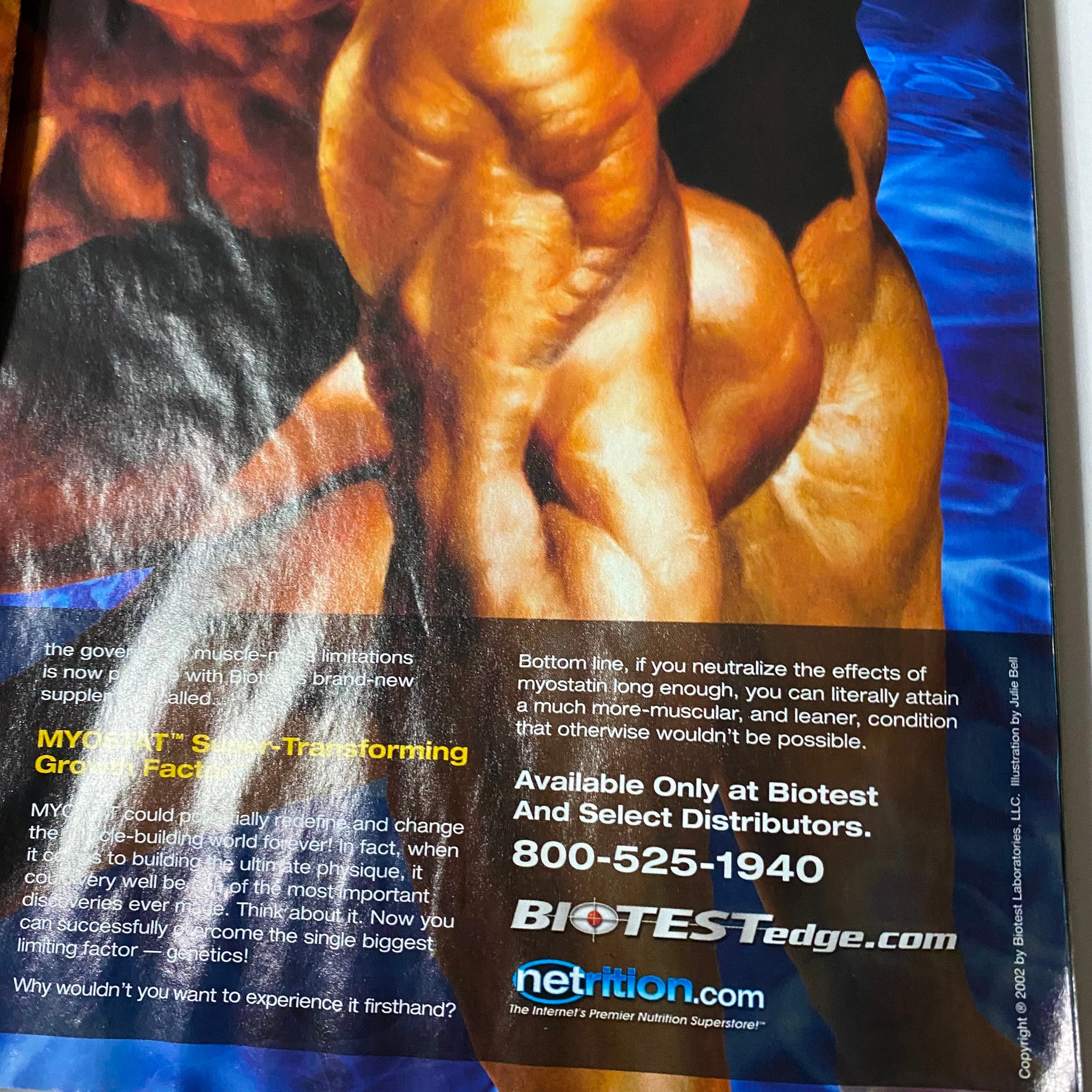 Interior page of Joe Weider's Flex Magazine July 2002 displaying an advertisement related to bodybuilding supplements. Highlights the magazine's focus on fitness and muscle building.