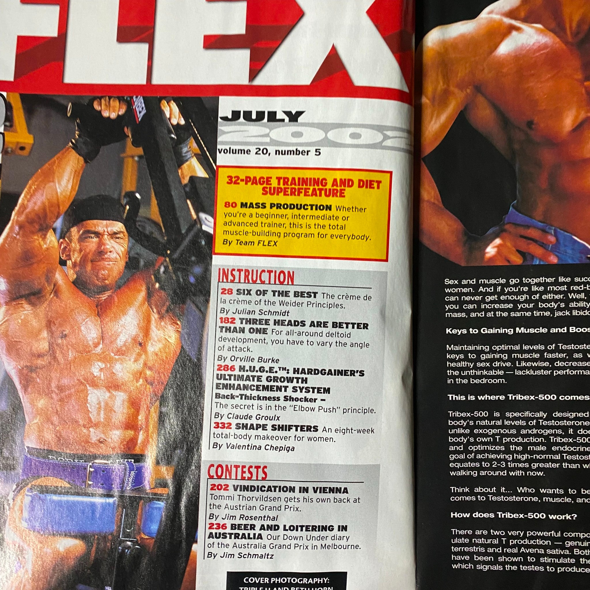 Interior page of Joe Weider's Flex Magazine July 2002 showcasing training and diet superfeature with fitness tips.