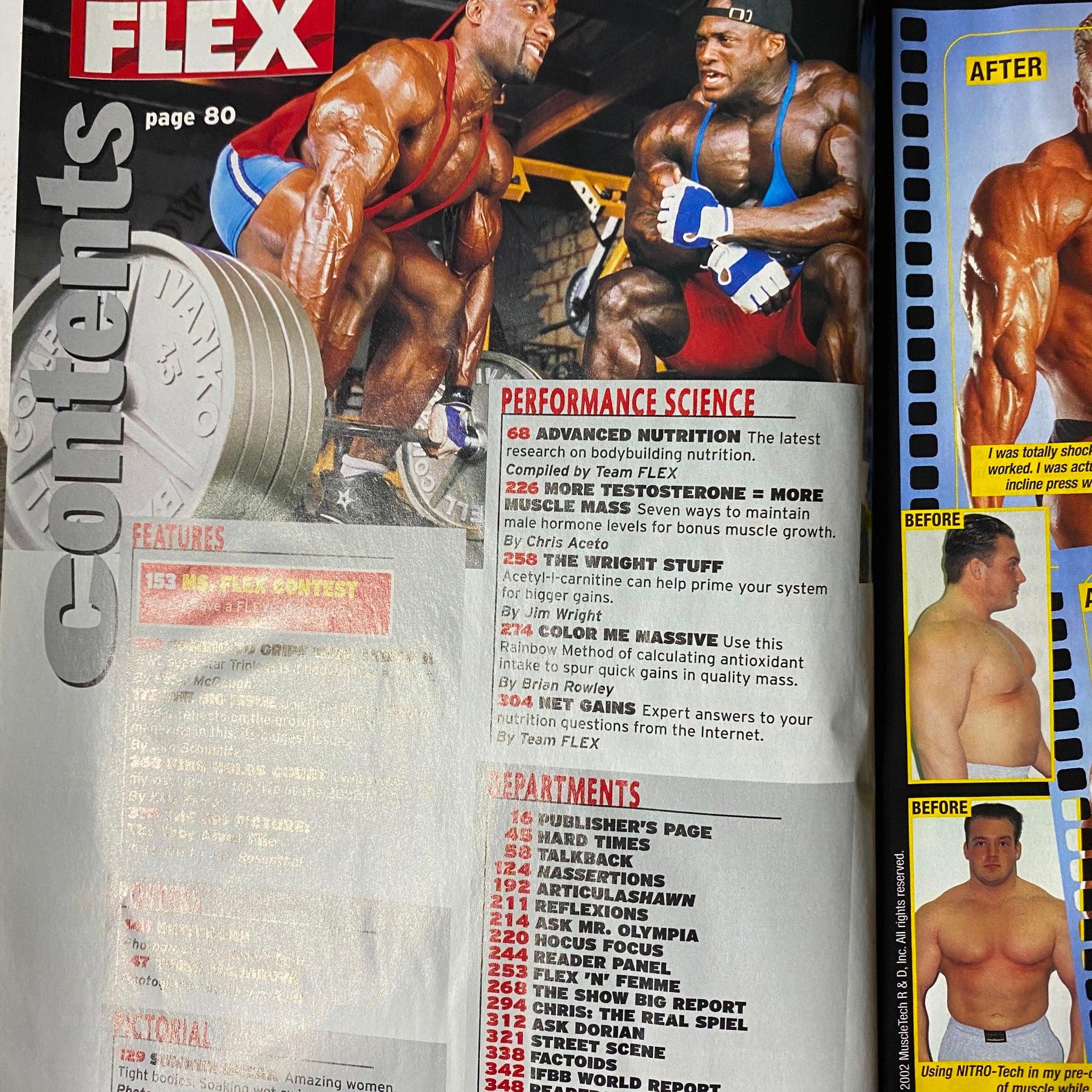 Table of contents page from Joe Weider's Flex Magazine July 2002 highlighting performance science and features.