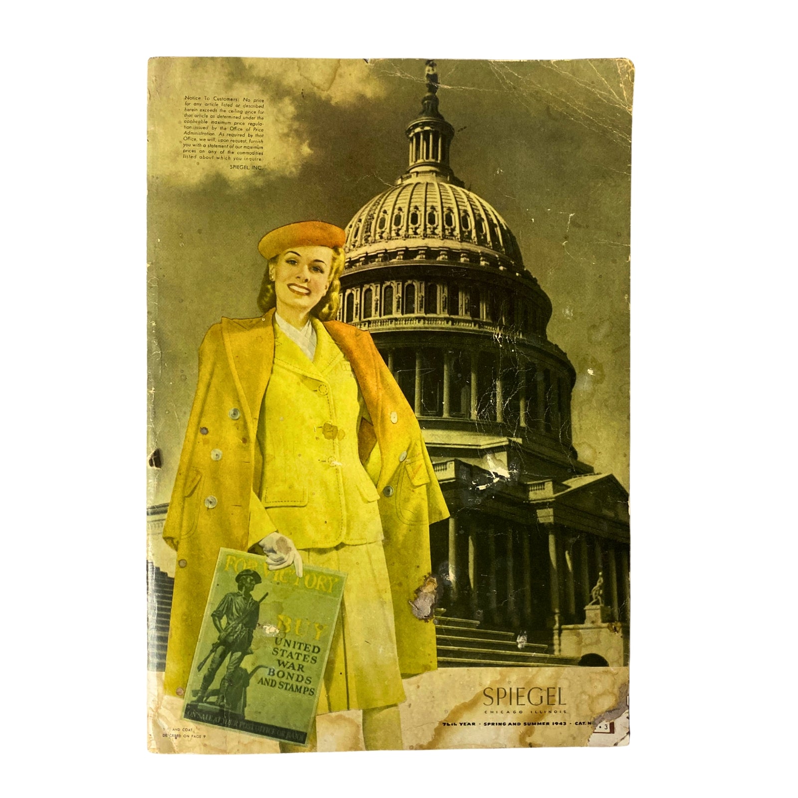 Cover of the 1943 Spiegel Spring and Summer Catalog featuring a smiling woman in a yellow coat holding a magazine in front of the U.S. Capitol.