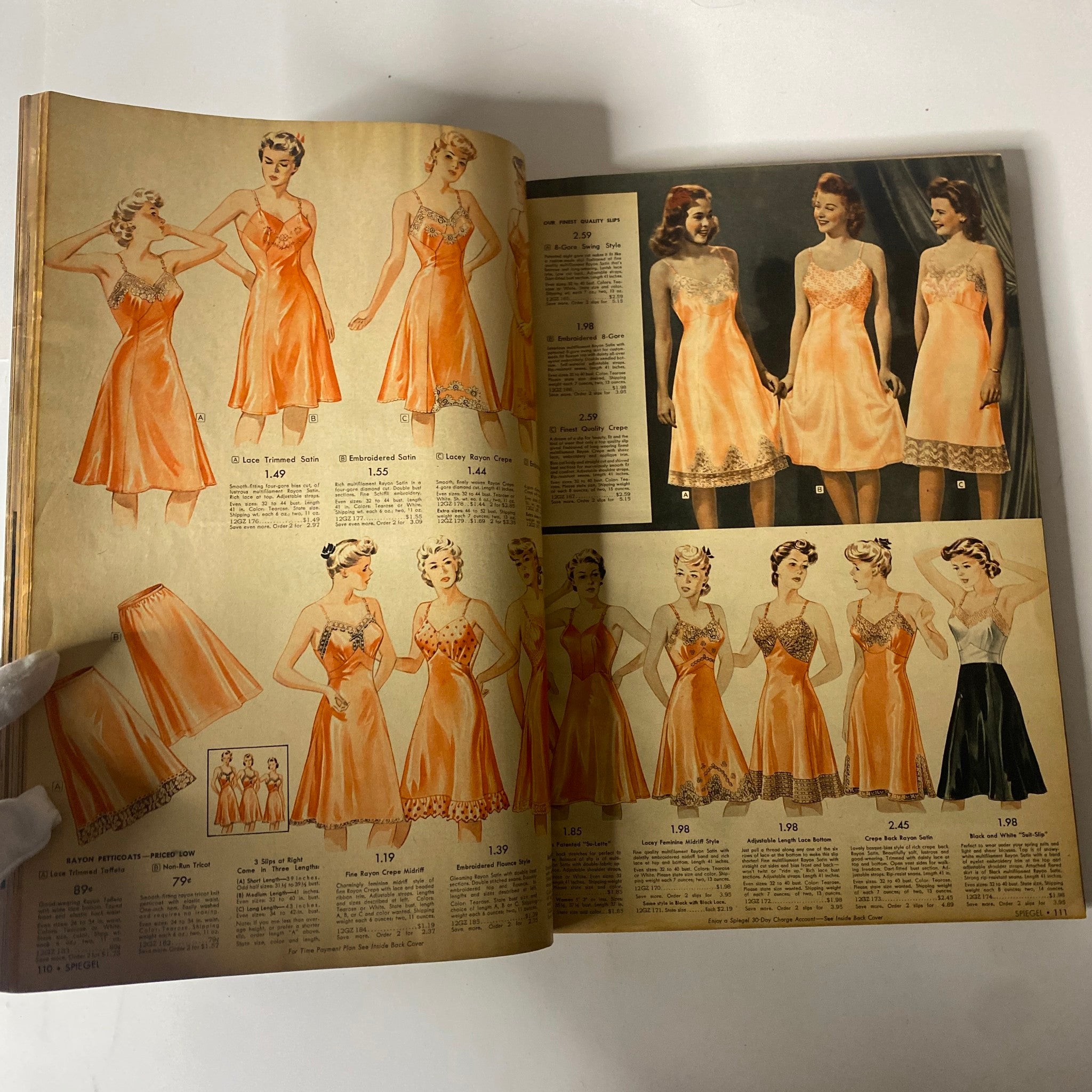 Interior pages of the 1943 Spiegel Spring and Summer Catalog displaying elegant lingerie designs, showcasing vintage styles from the early 1940s.