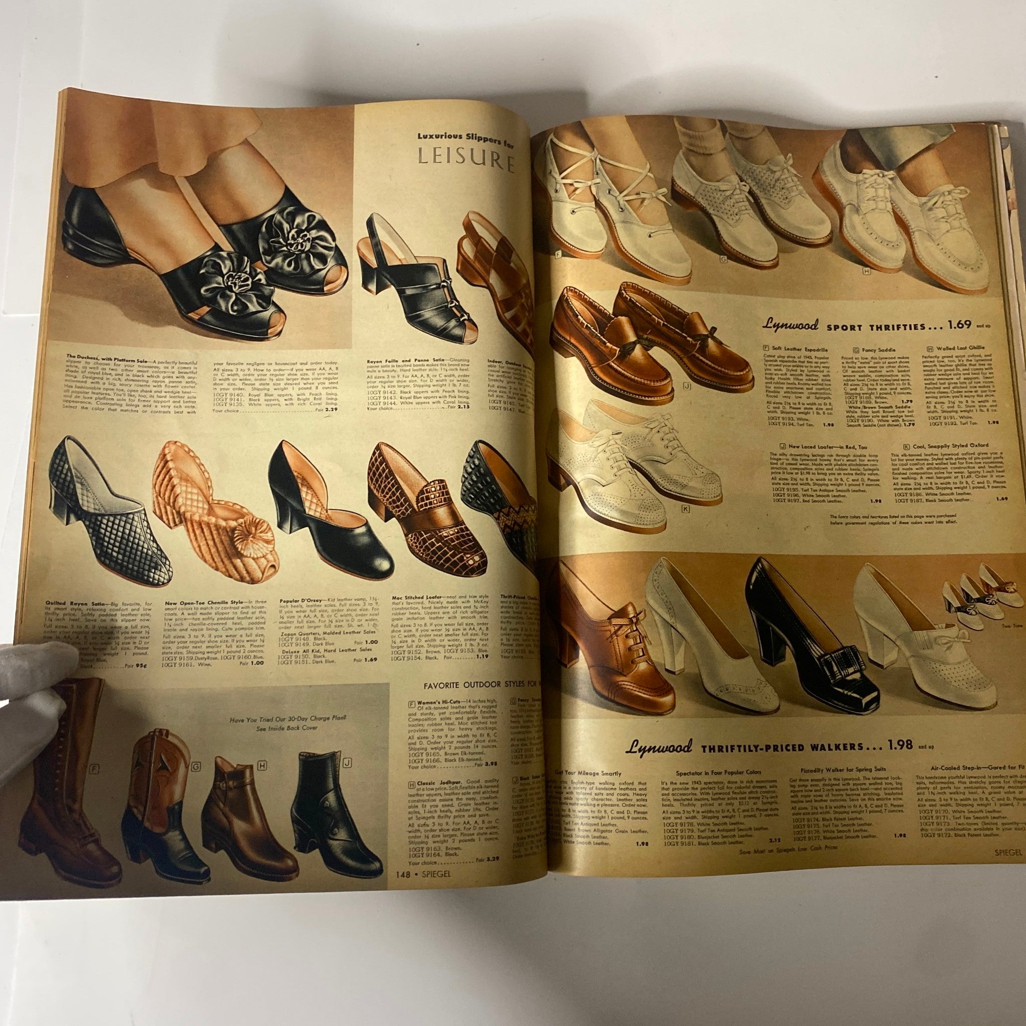 1943 Spiegel Spring and Summer Catalog showcasing a variety of women's and men's footwear styles including high-heeled sandals and casual shoes.