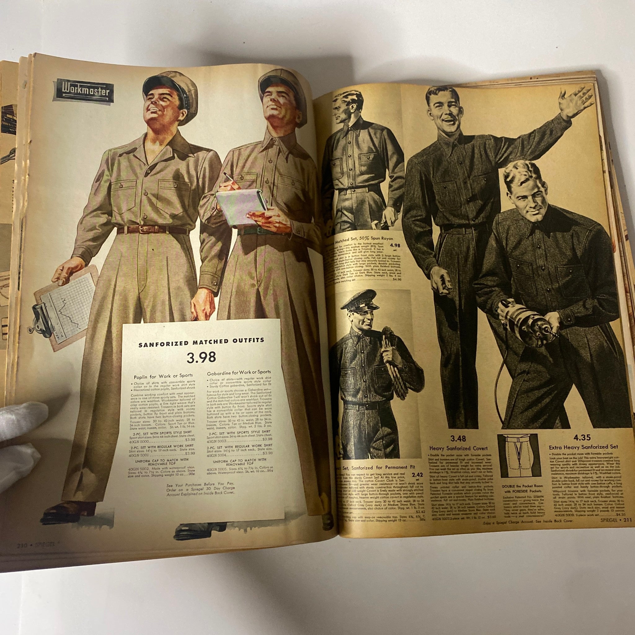 1943 Spiegel Spring and Summer Catalog displaying matched outfits for men, featuring work and casual attire during World War II.