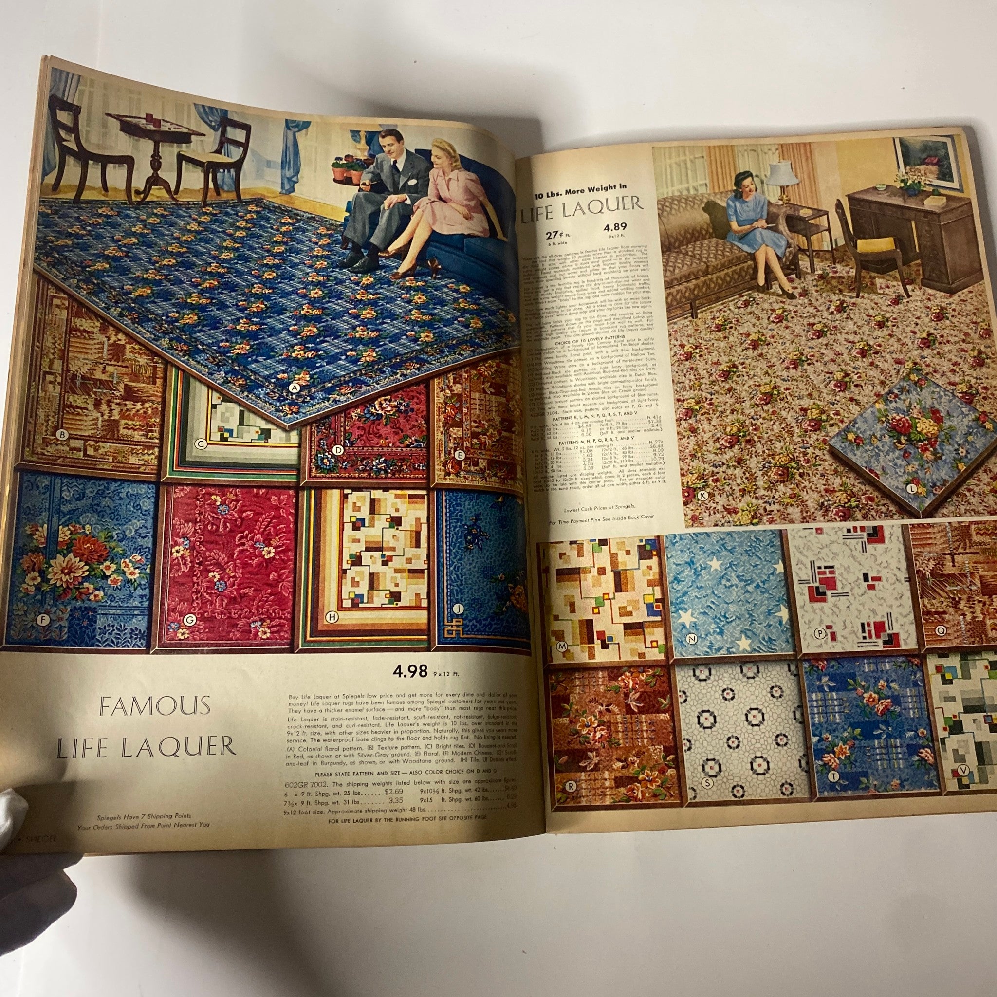 1943 Spiegel Spring and Summer Catalog highlighting rugs and carpets with decorative patterns, showcasing home furnishings of the era.