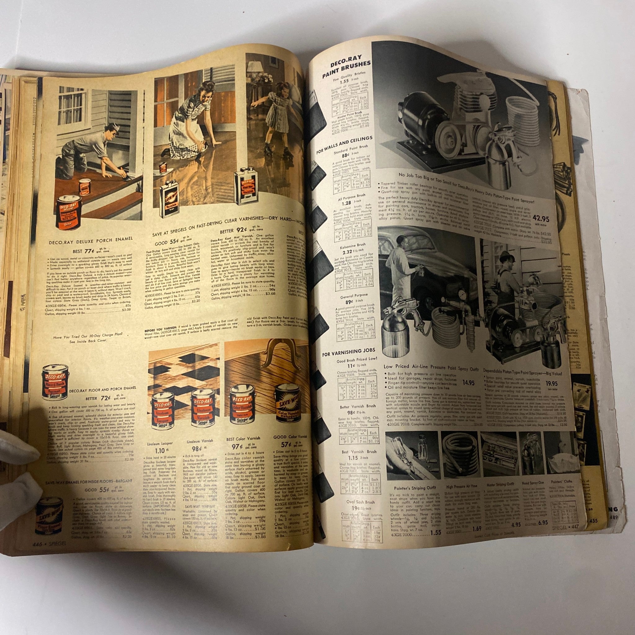Interior page from the 1943 Spiegel Spring and Summer Catalog illustrating houseware and painting supplies, capturing mid-century American lifestyle and home improvement products.