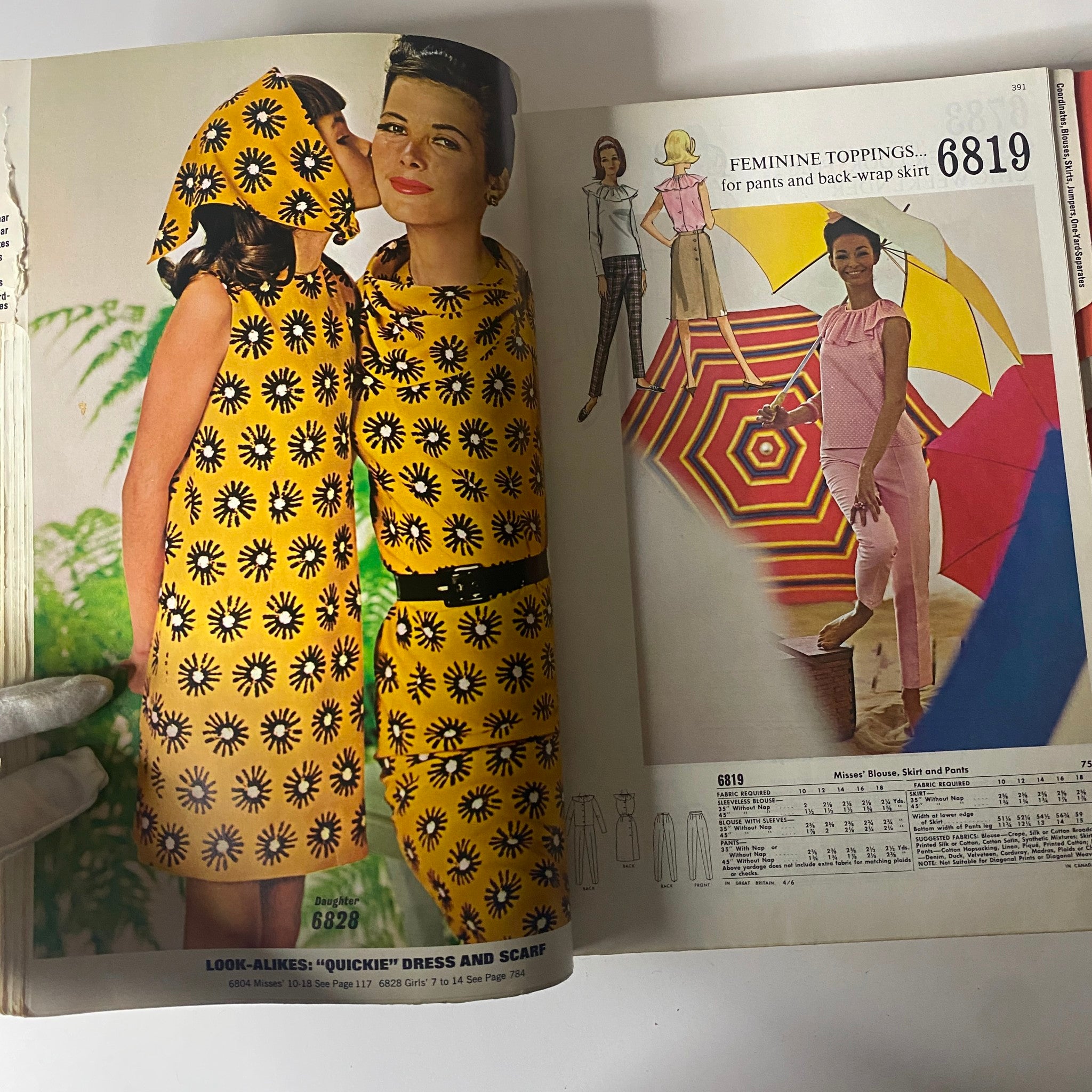 1963 July McCall's Summerwear Catalog featuring vibrant fashion designs, including a striking yellow patterned dress and coordinating accessories.