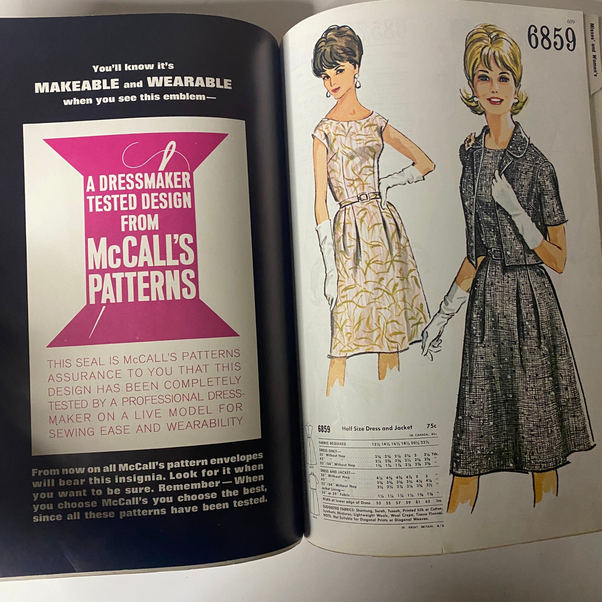 1963 July McCall's Summerwear Catalog displaying a dressmaker's seal of approval alongside elegant summer dress designs, emphasizing the practicality and trendiness of 1960s patterns.