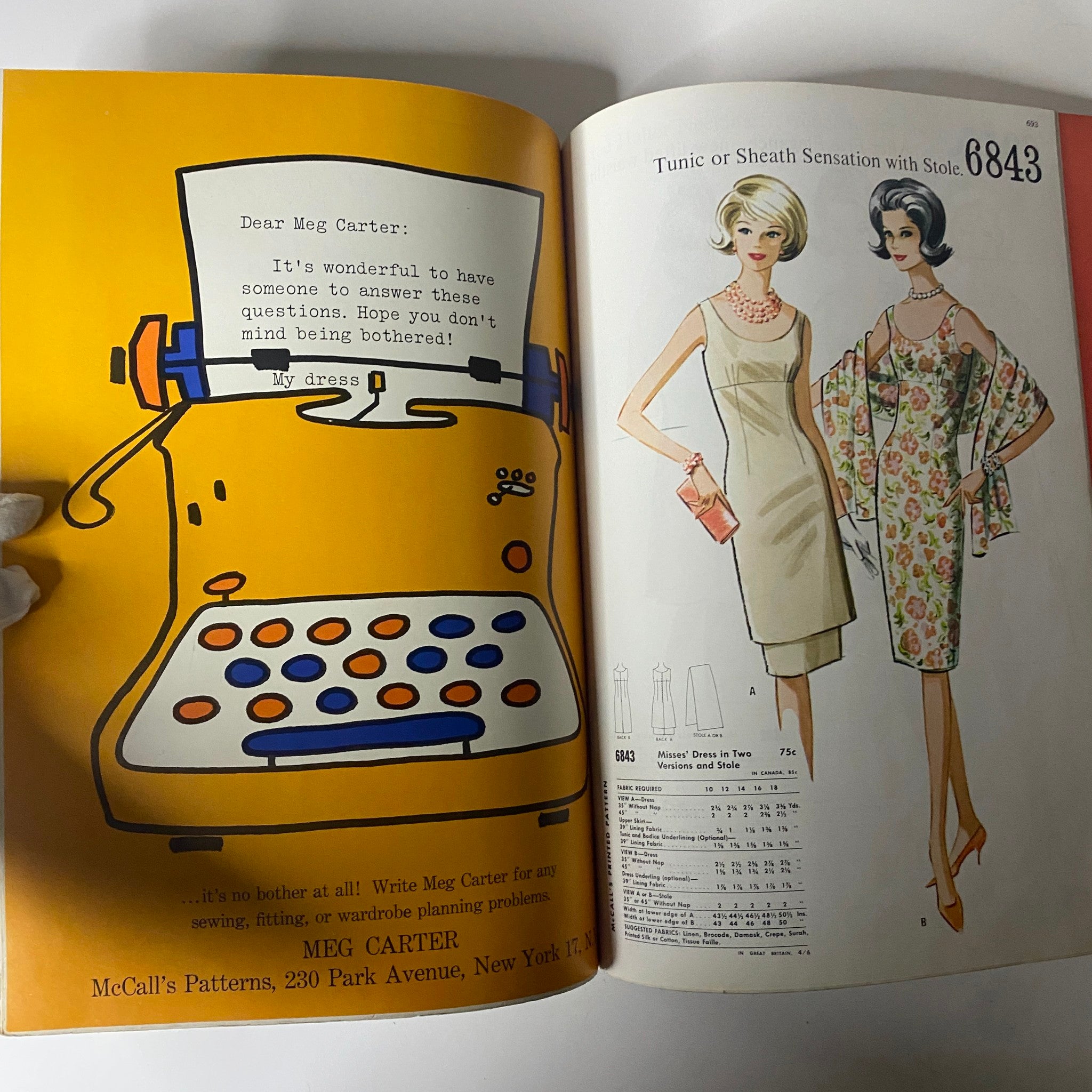1963 July McCall's Summerwear Catalog page featuring a typewriter illustration and coordinating dresses showcasing classic summer styles, reflective of mid-century fashion.