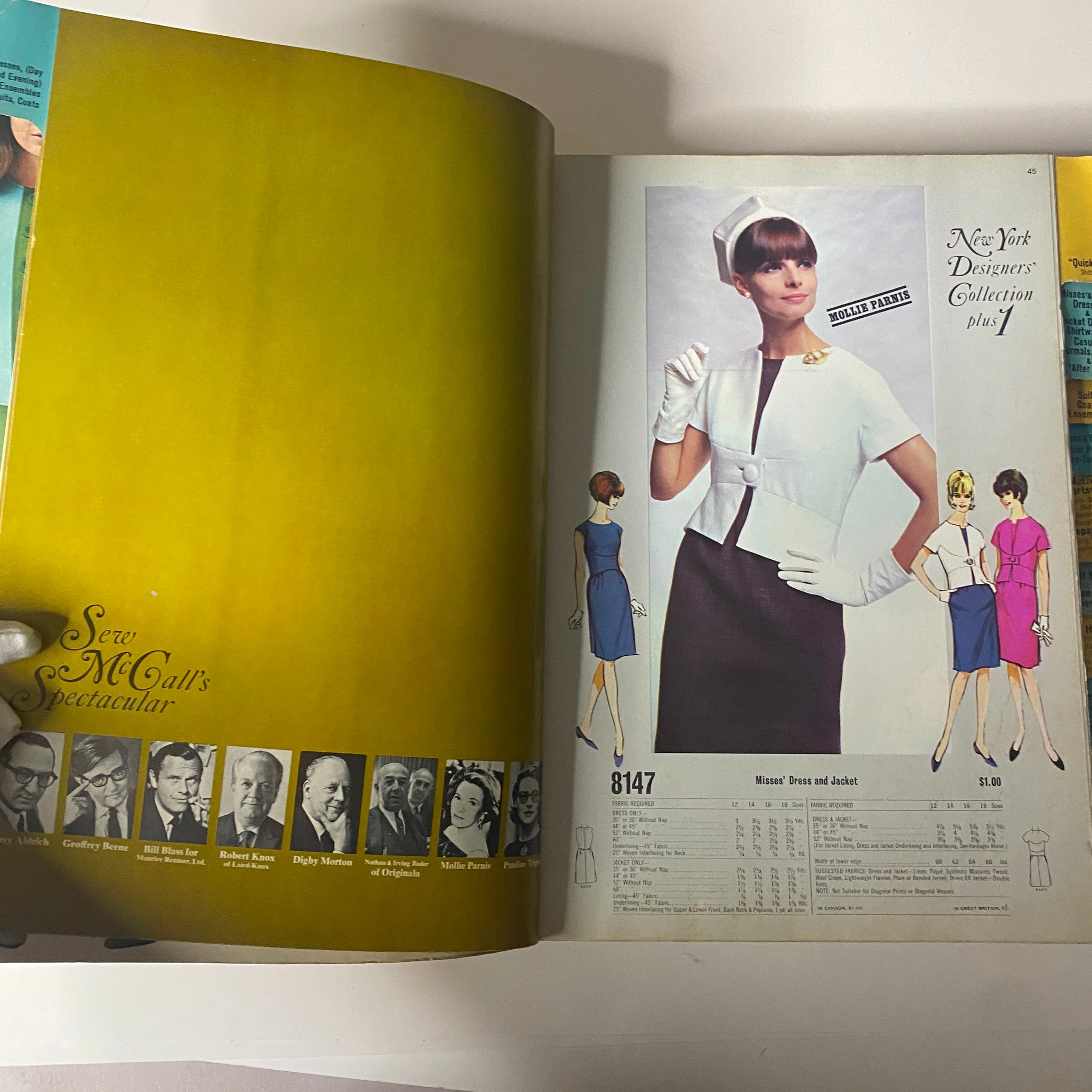 Inside page of the 1966 February McCall's Designers' Collection Catalog displaying a Misses' Dress and Jacket along with other fashion illustrations from the New York Designers' Collection.