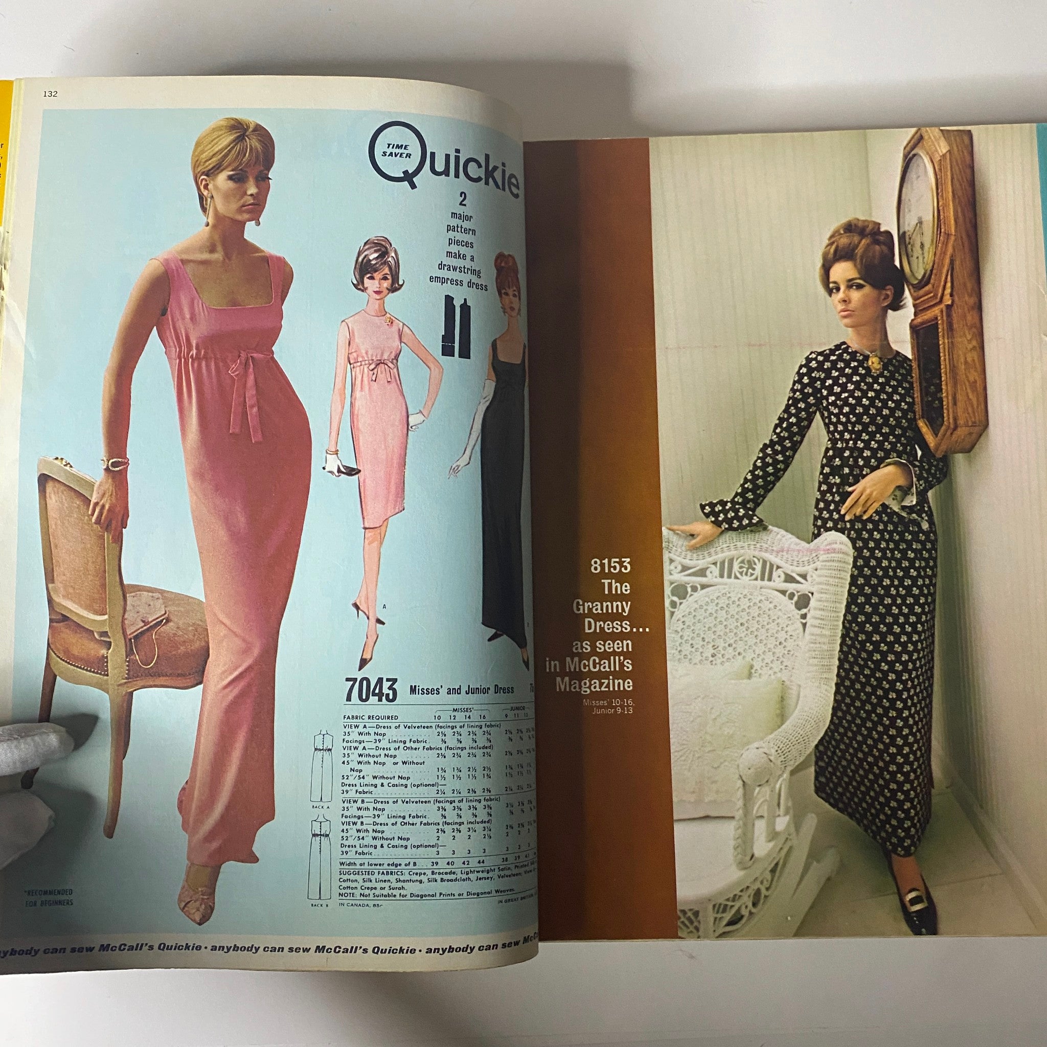 Page from the 1966 February McCall's Designers' Collection Catalog featuring 'Quickies' dresses with images of models demonstrating the designs and garment details.