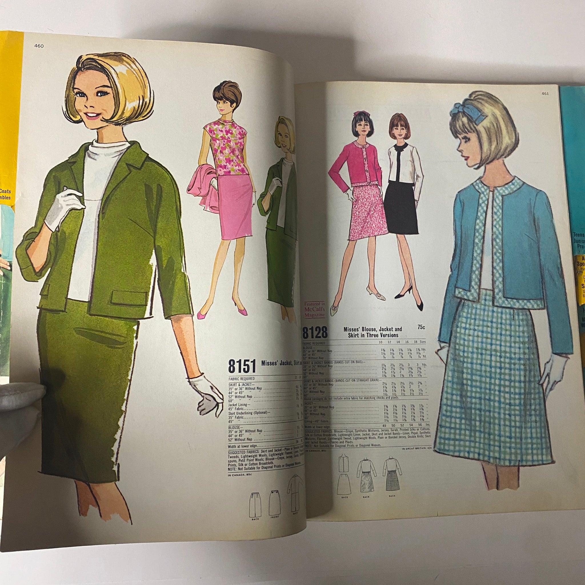1966 February McCall's Designers' Collection Catalog page showcasing Misses' sewing patterns with elegant outfits including blouses, jackets, and skirts in three versions.