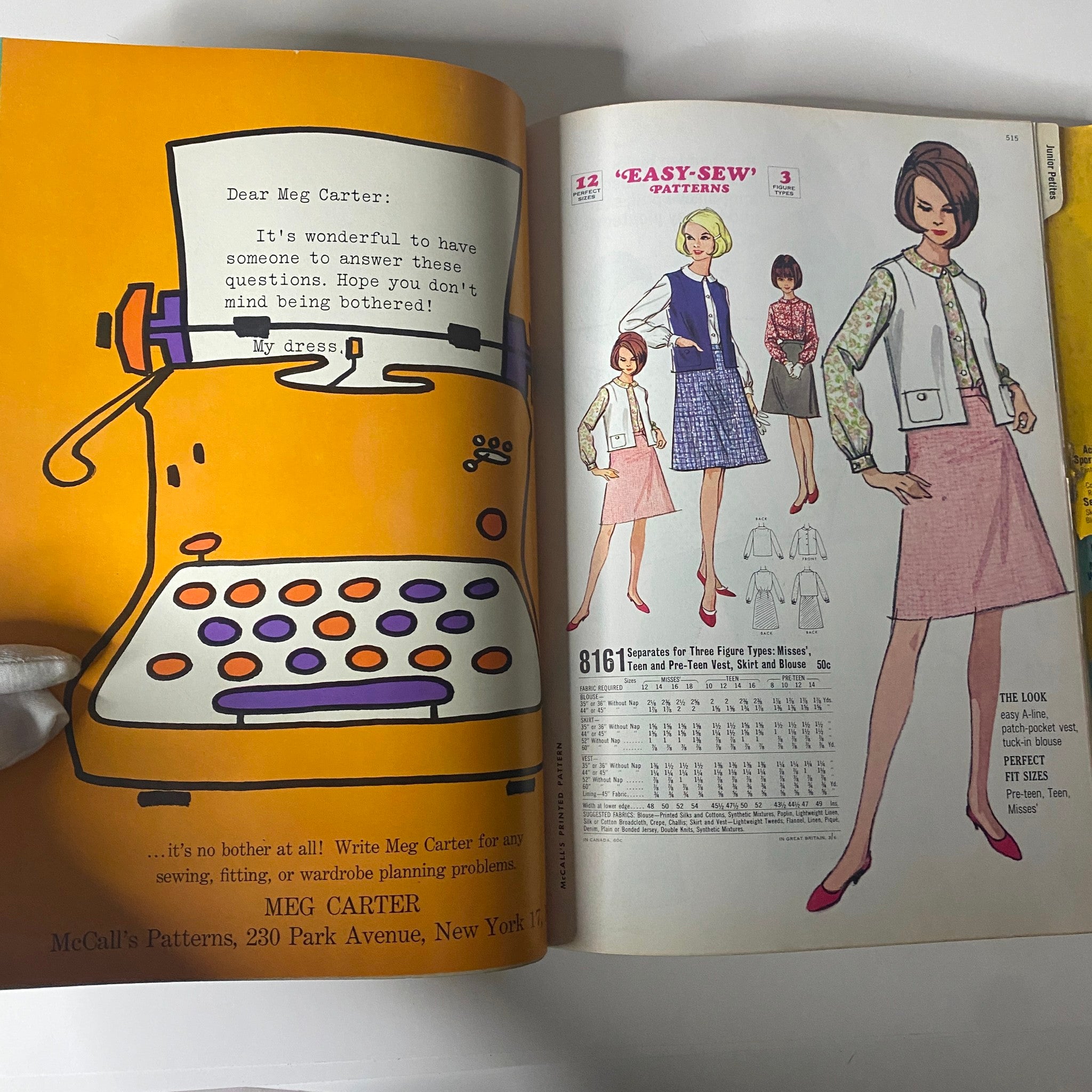 1966 February McCall's Designers' Collection Catalog featuring a vintage typewriter and advertisements for Easy-Sew patterns for Misses', Teens, and Pre-Teen sizes.
